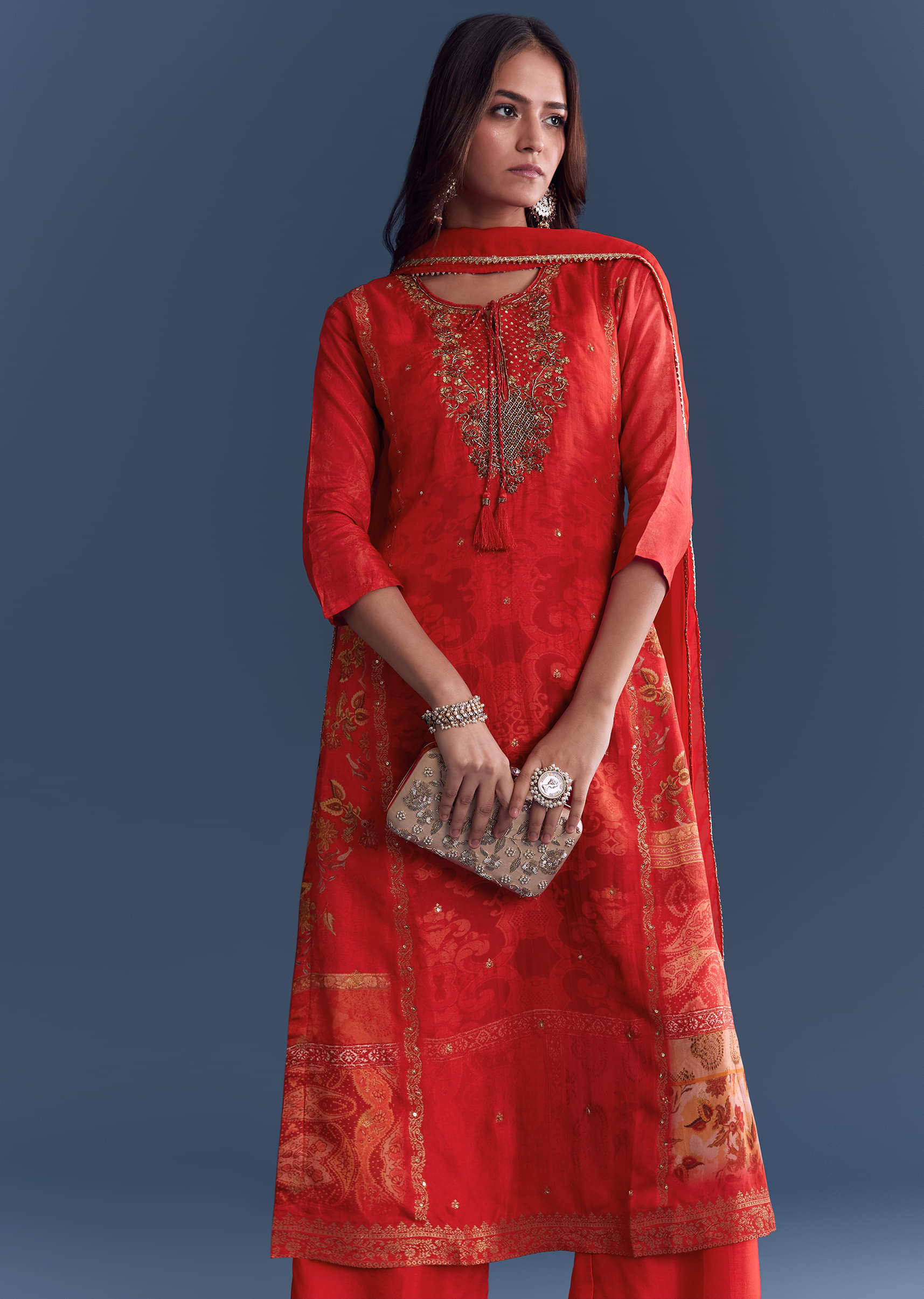 Red Silk Palazzo Suit With Indie Print And Hand Embroidery - Image 4