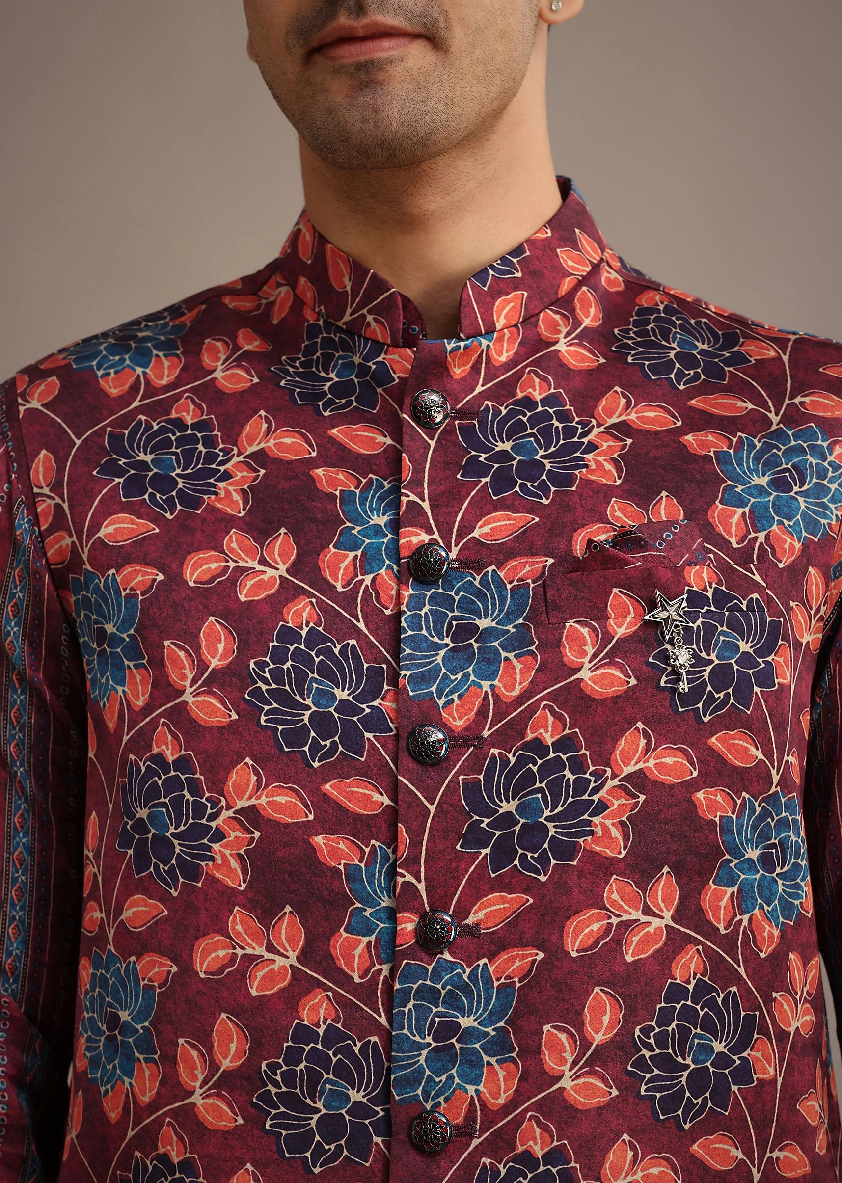 Red Silk Printed Jacket And Kurta Set - Image 2