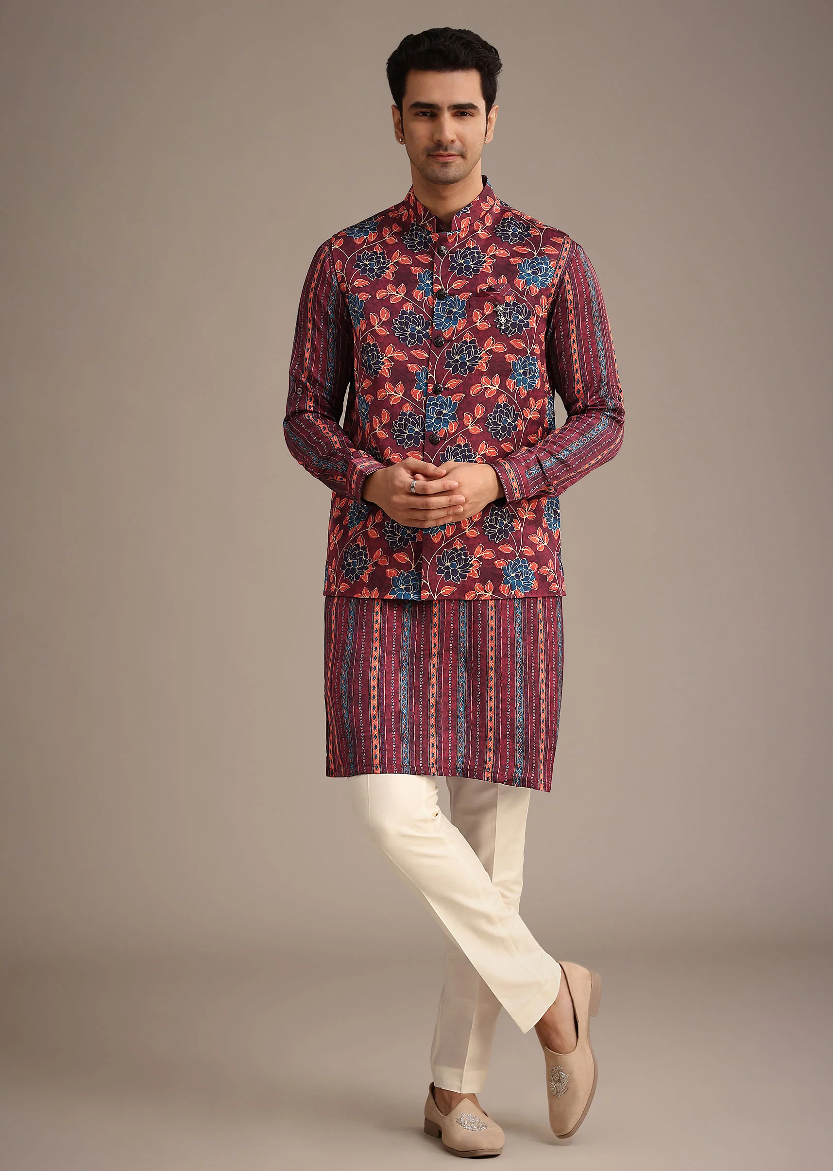 Red Silk Printed Jacket And Kurta Set - Image 3