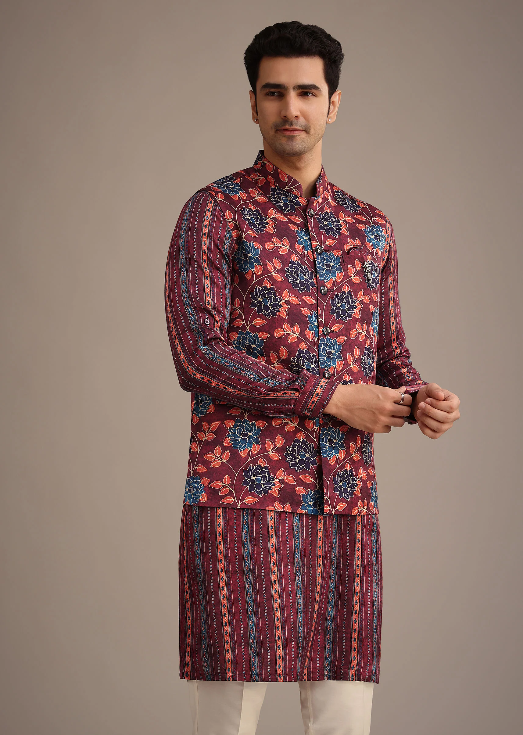 Red Silk Printed Jacket And Kurta Set - Image 4
