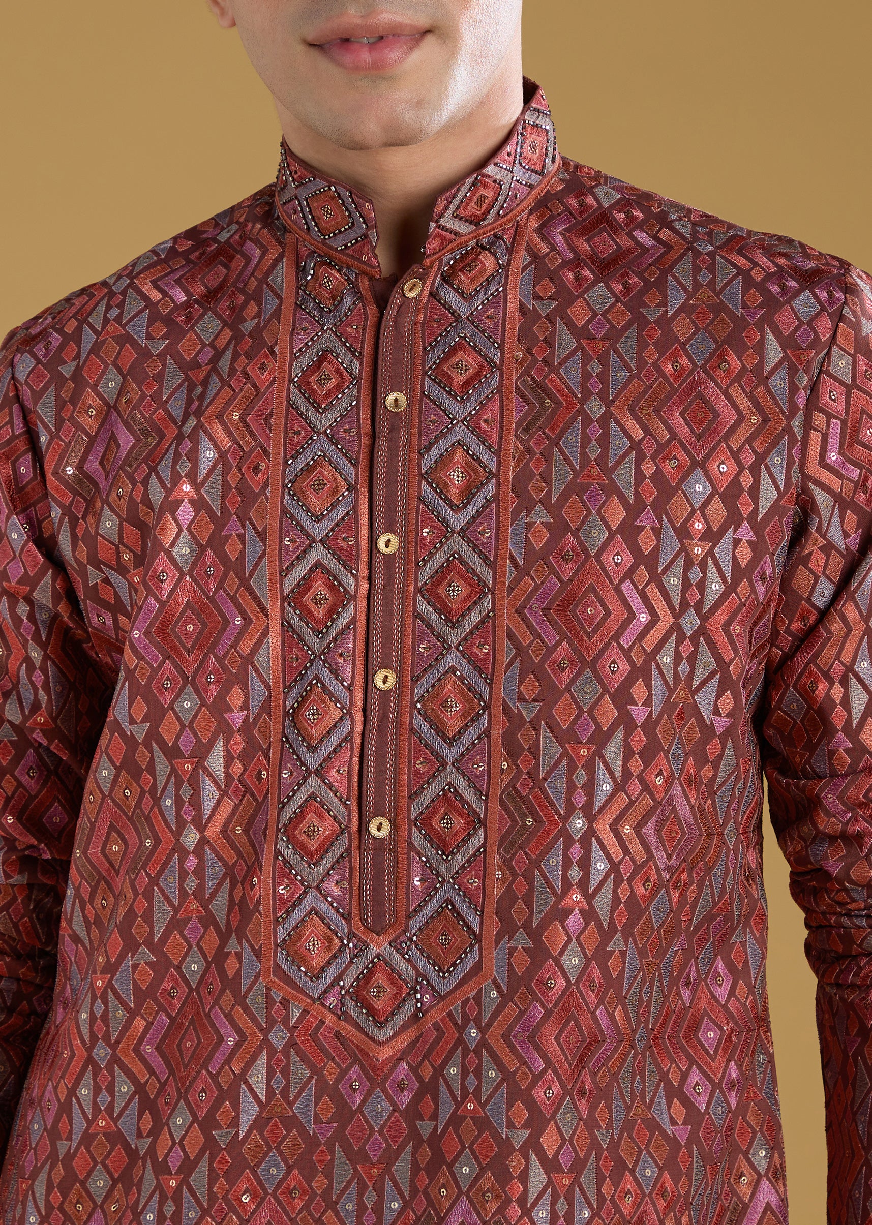 Red Silk Resham Motif Mens Kurta Pant Set - Image 2