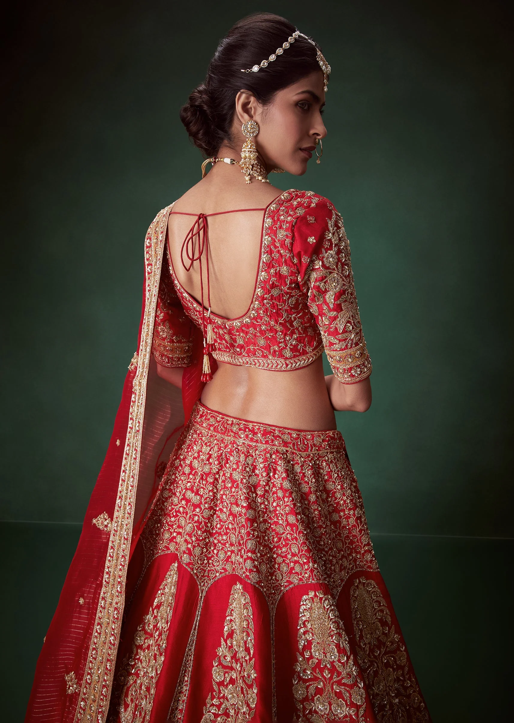 Red Silk Sequin Embellished Bridal Lehenga Set with Two Dupattas - Image 6