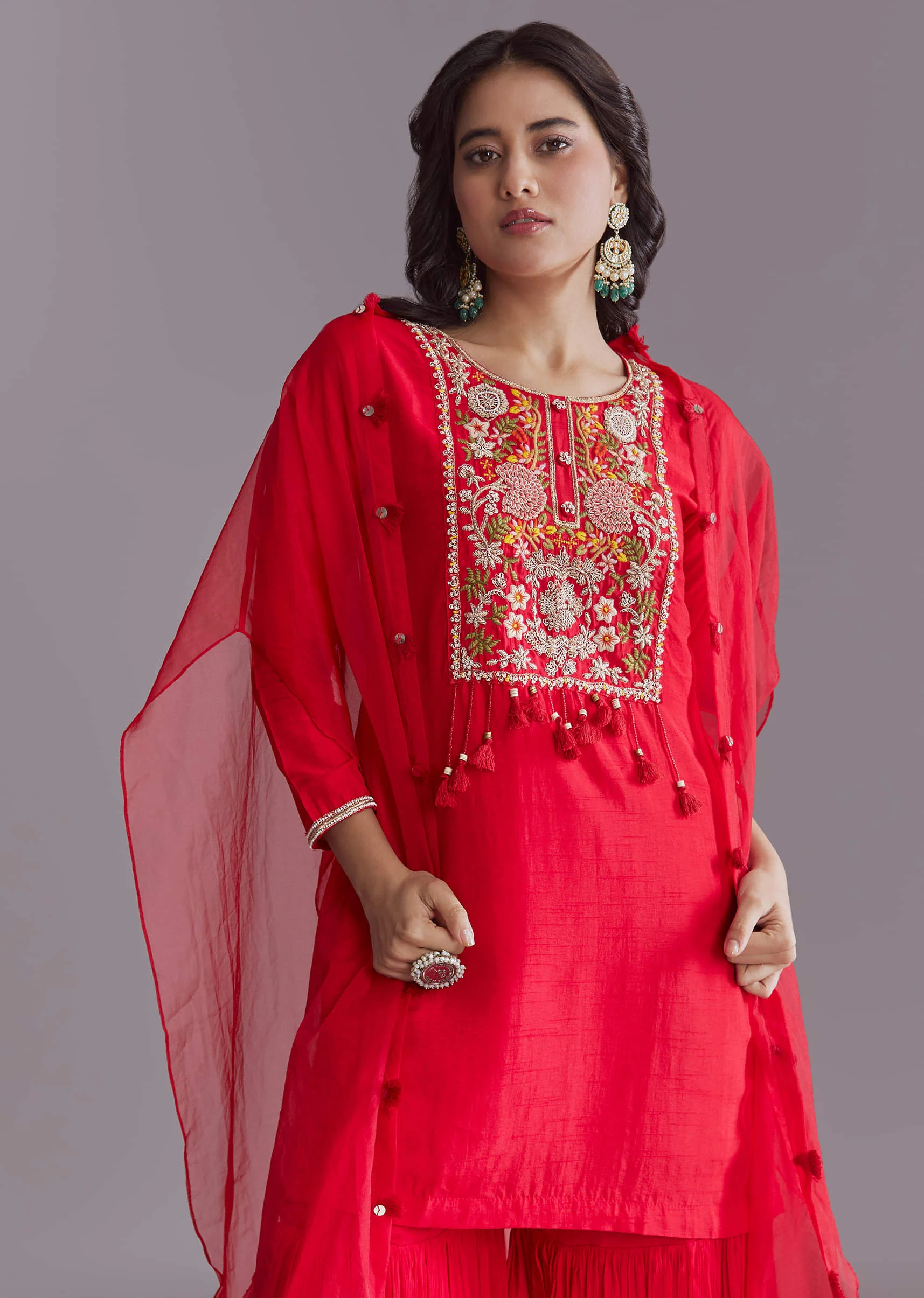 Red Silk Sharara Suit With Resham Work And Cape Dupatta - Image 4
