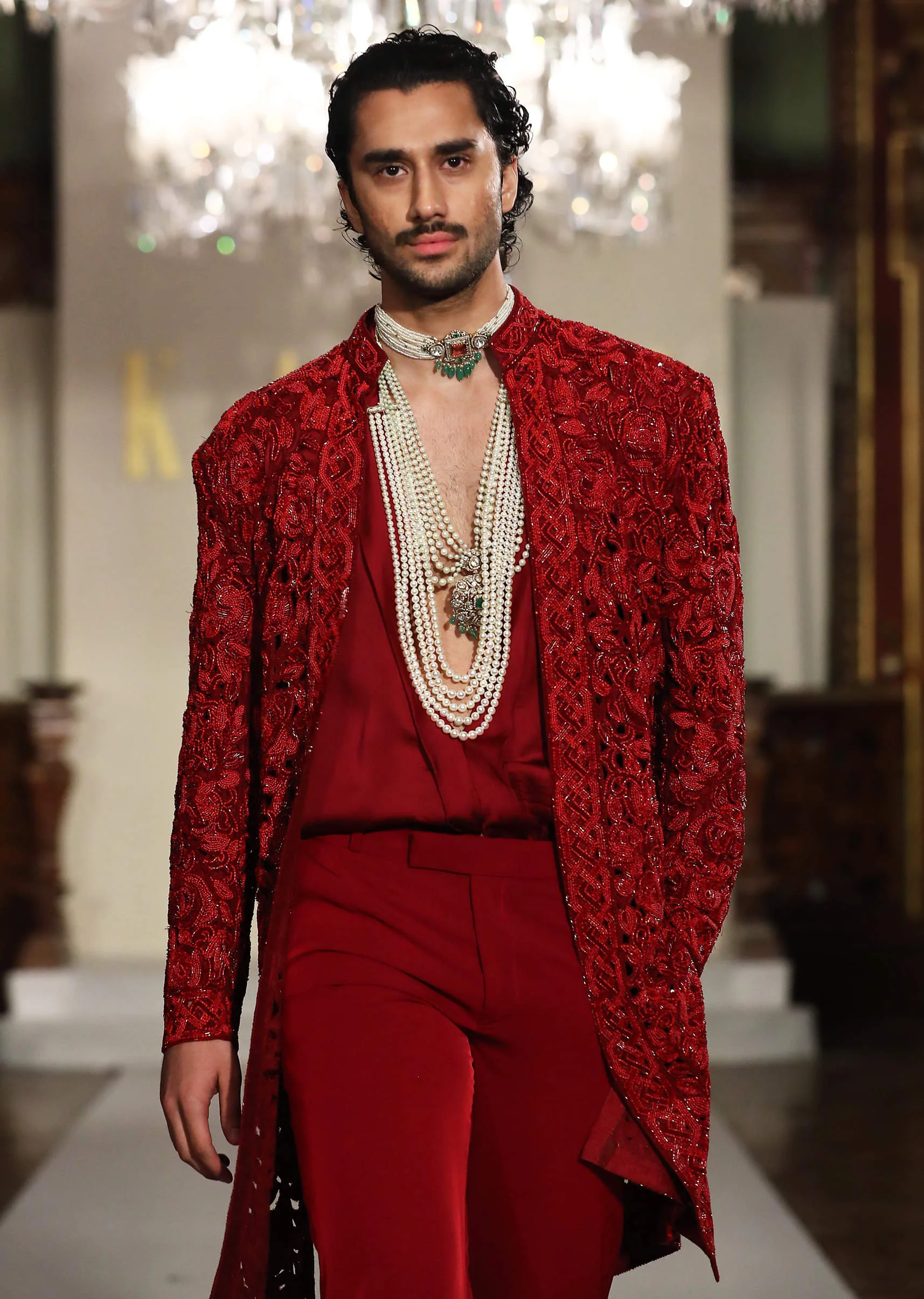 Red Silk Sherwani For Groom With Cutwork And Beads Embroidery - Image 2
