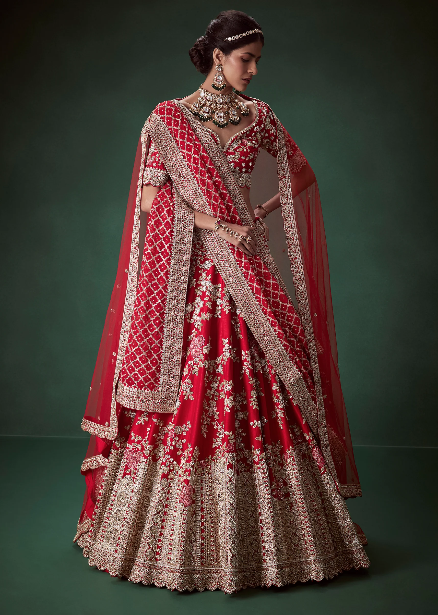 Red Silk Zari Work Bridal Lehenga Set with Two Dupatta - Image 4