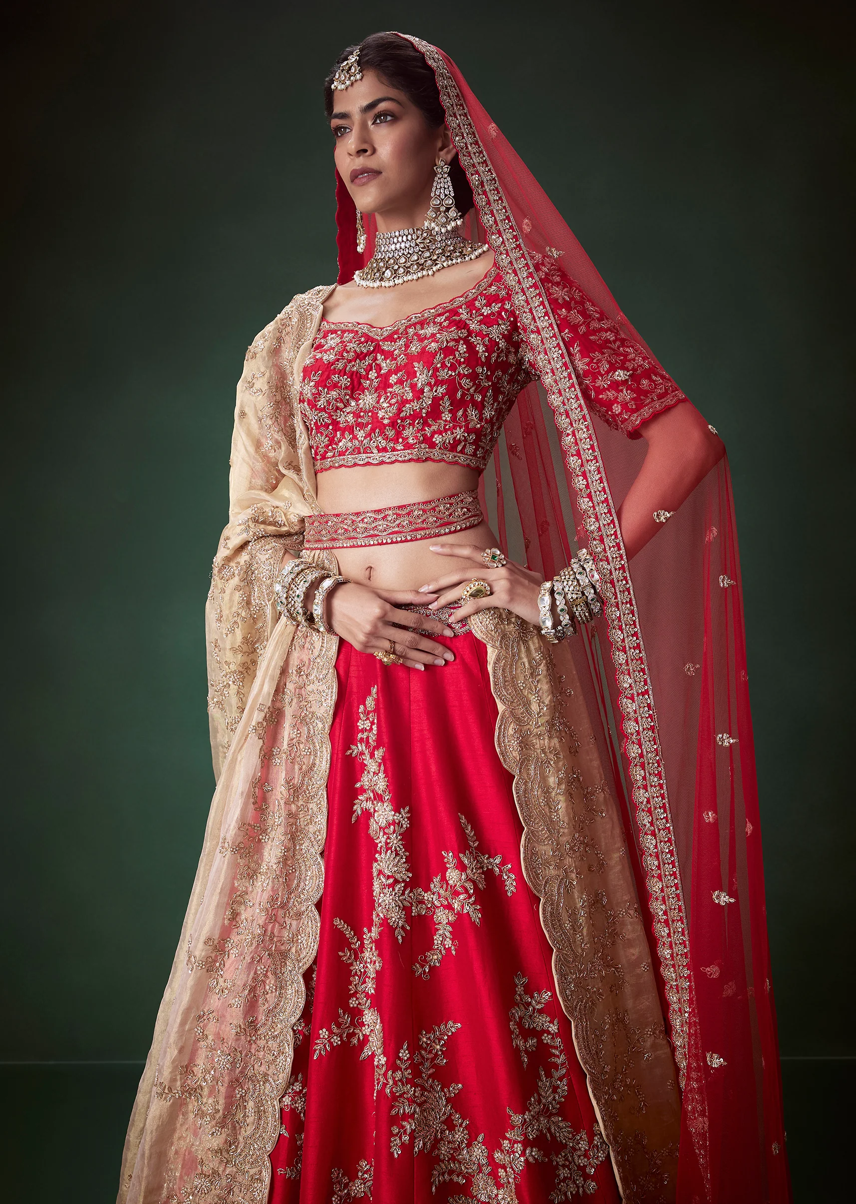 Red Silk Zari Work Bridal Lehenga Set with Two Dupattas - Image 5