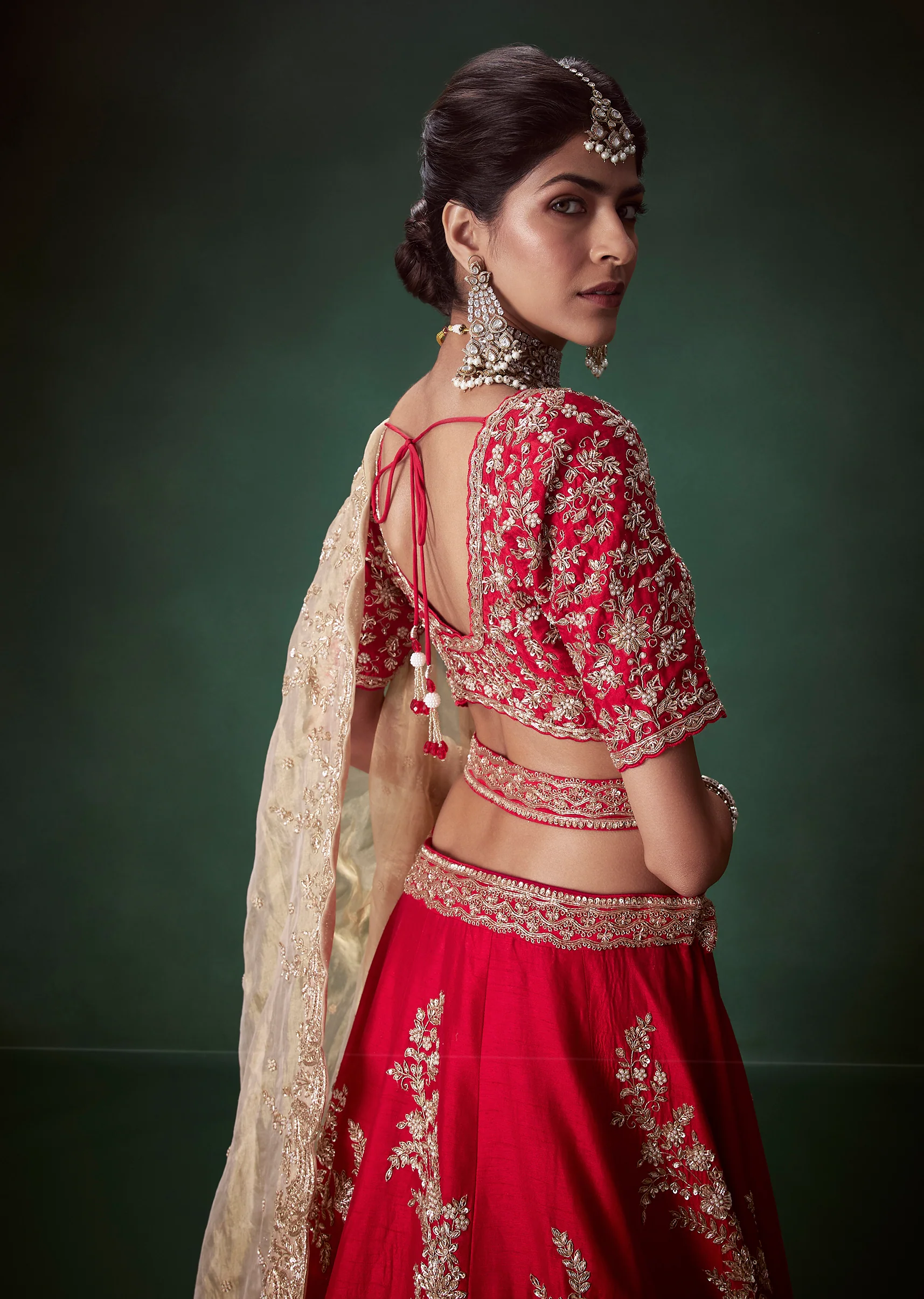Red Silk Zari Work Bridal Lehenga Set with Two Dupattas - Image 6