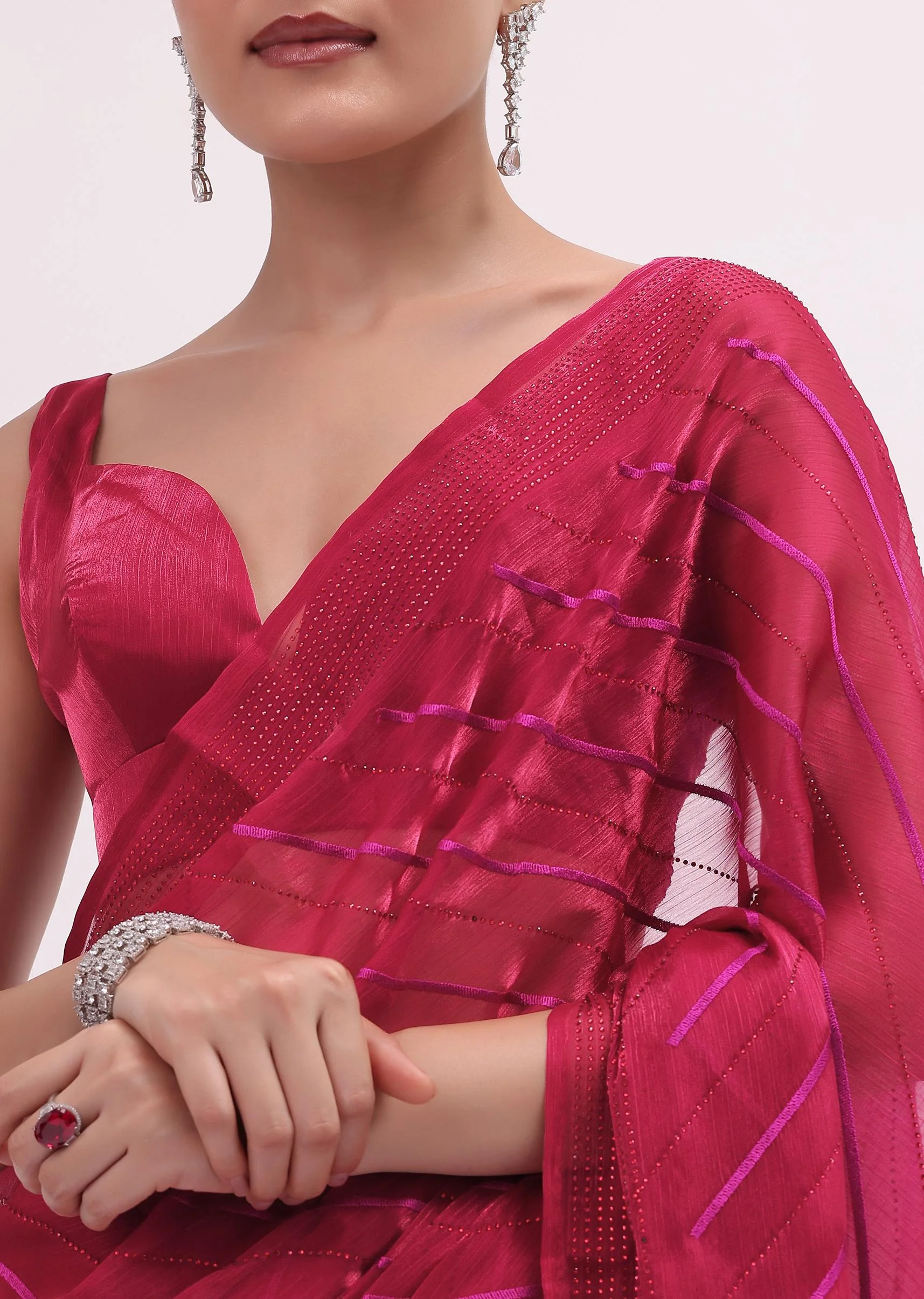 Red Stone Embroidered Saree With Unstitched Blouse - Image 2