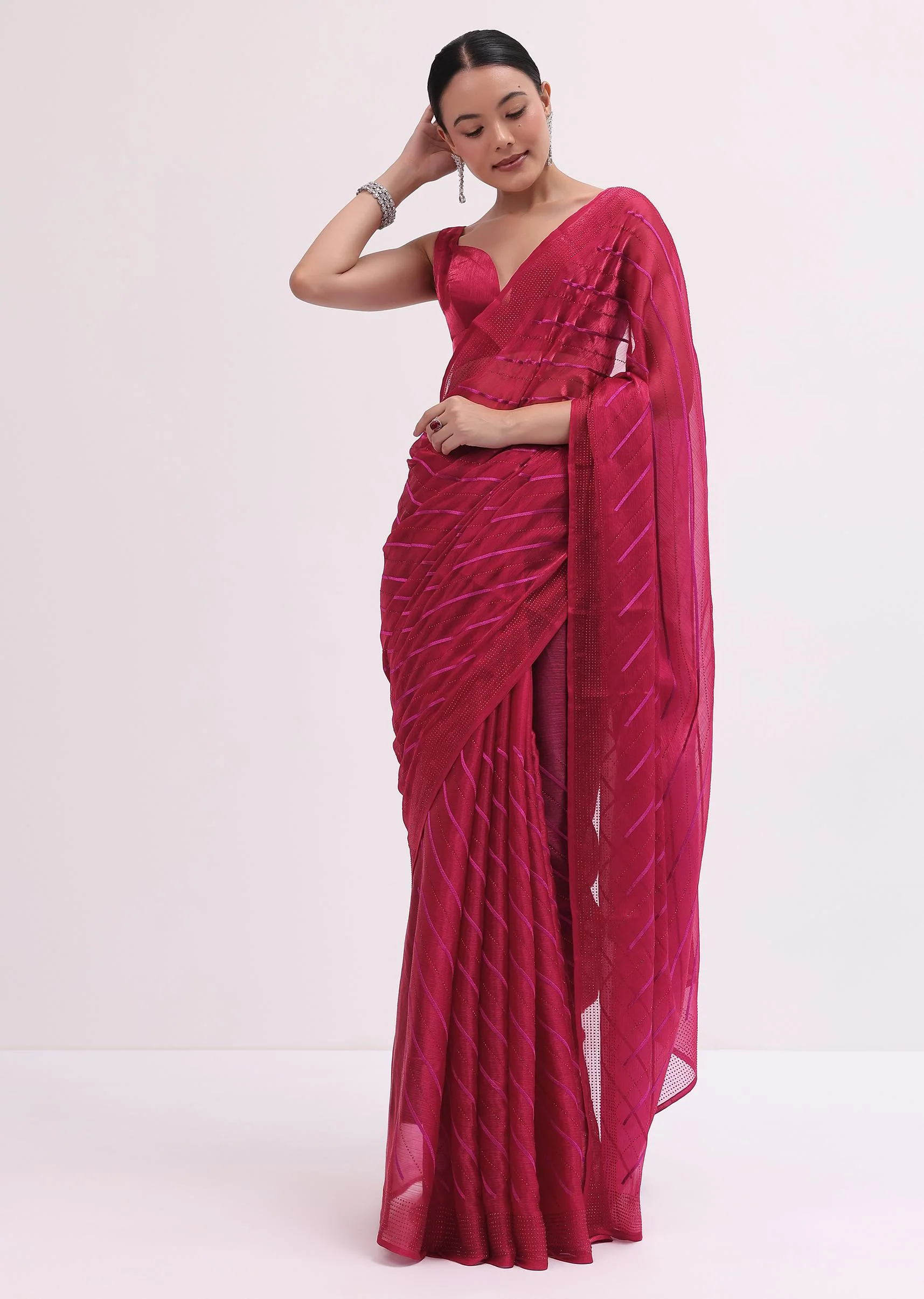 Red Stone Embroidered Saree With Unstitched Blouse - Image 3