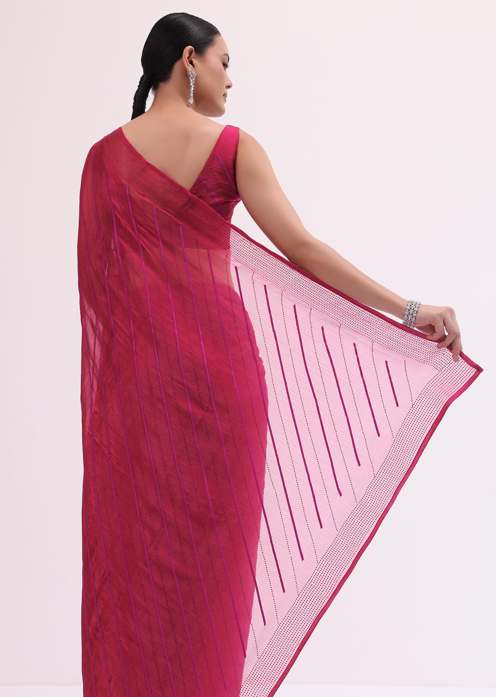 Red Stone Embroidered Saree With Unstitched Blouse - Image 4