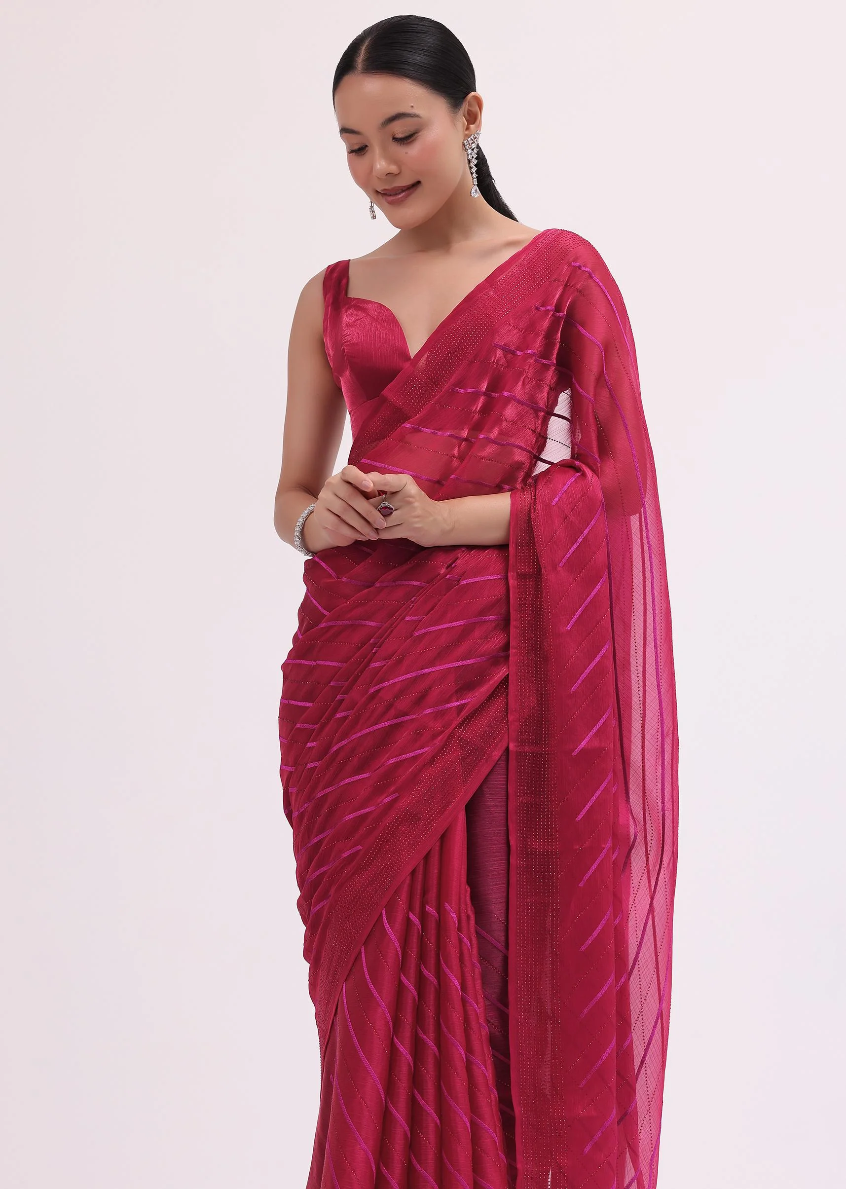 Red Stone Embroidered Saree With Unstitched Blouse - Image 5
