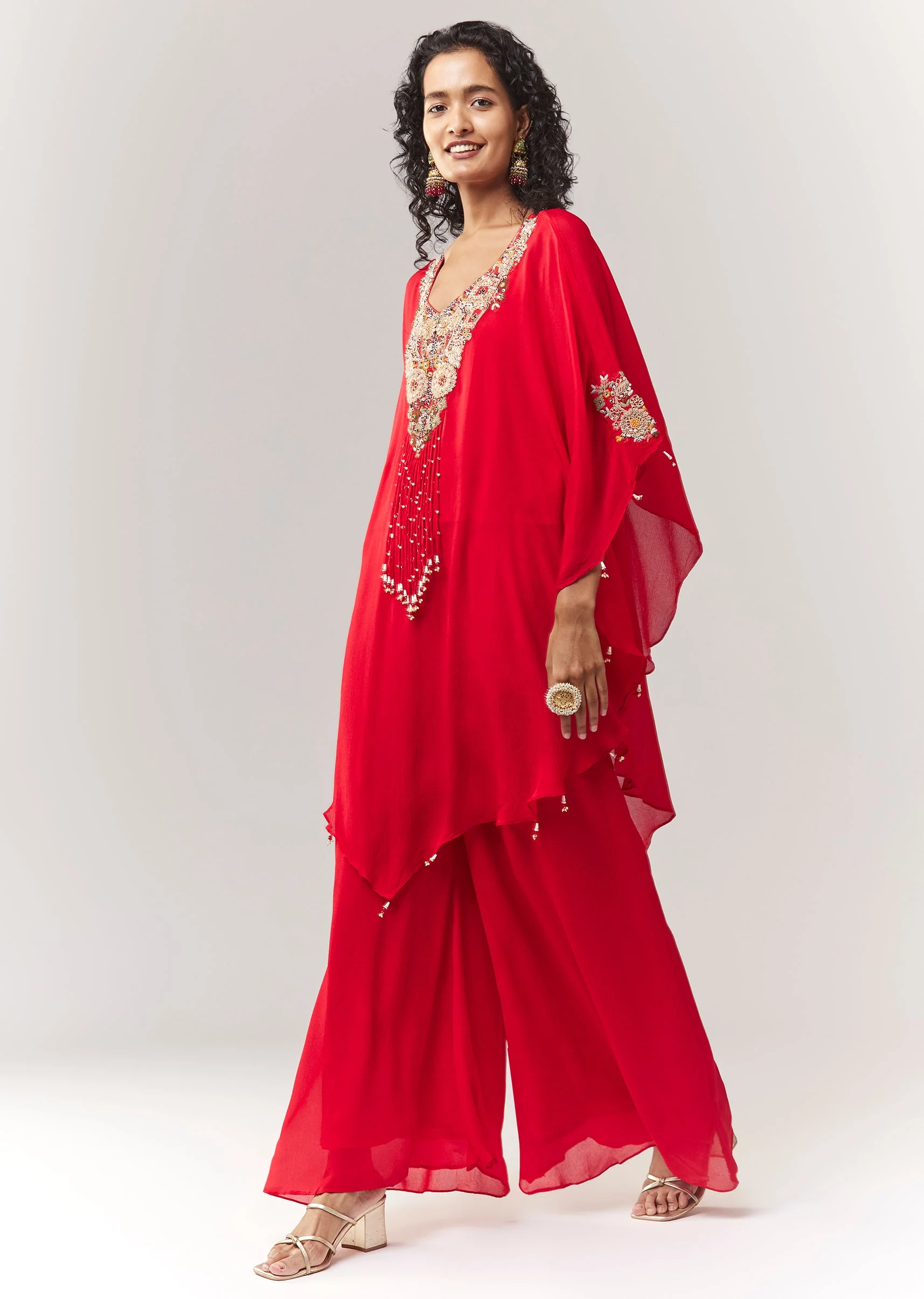 Red Thread And Zardosi Work Cape Set With Palazzo - Image 3