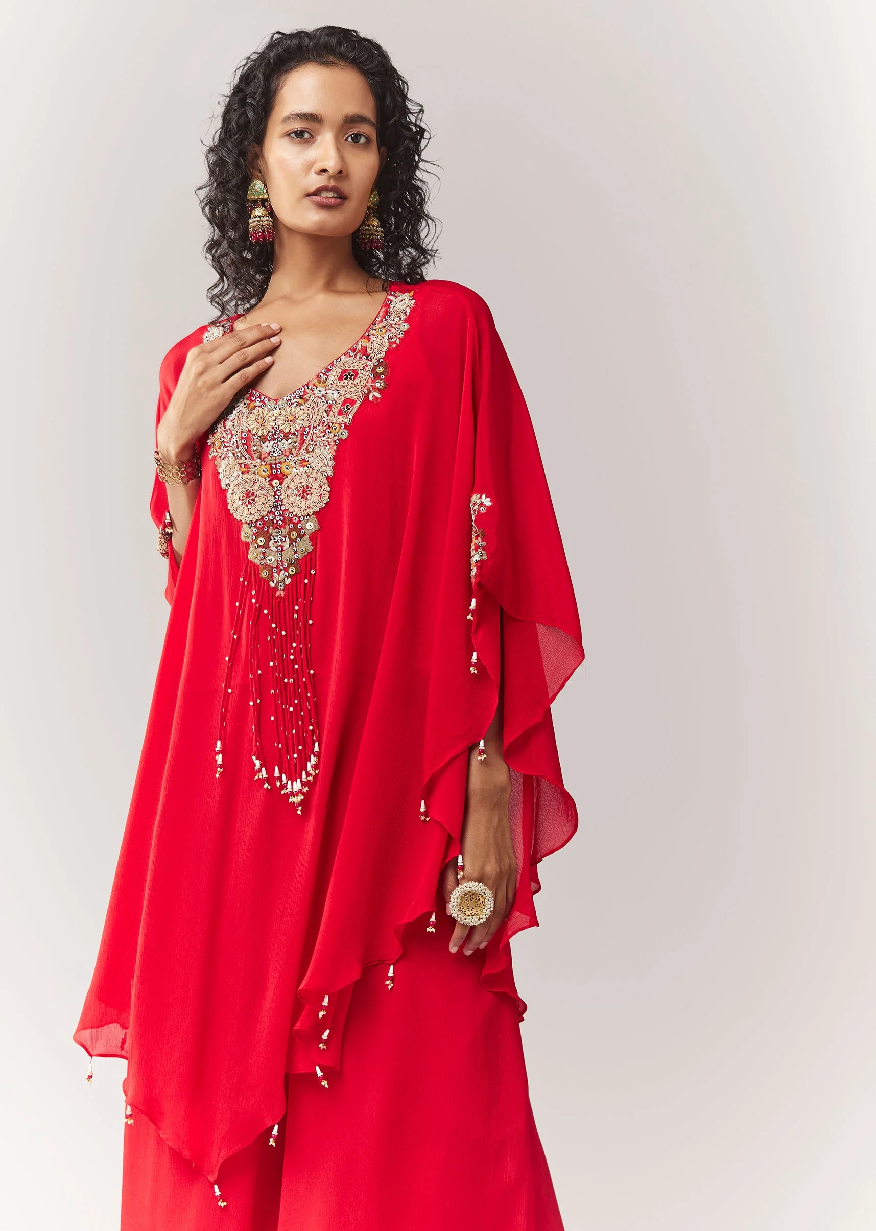 Red Thread And Zardosi Work Cape Set With Palazzo - Image 4
