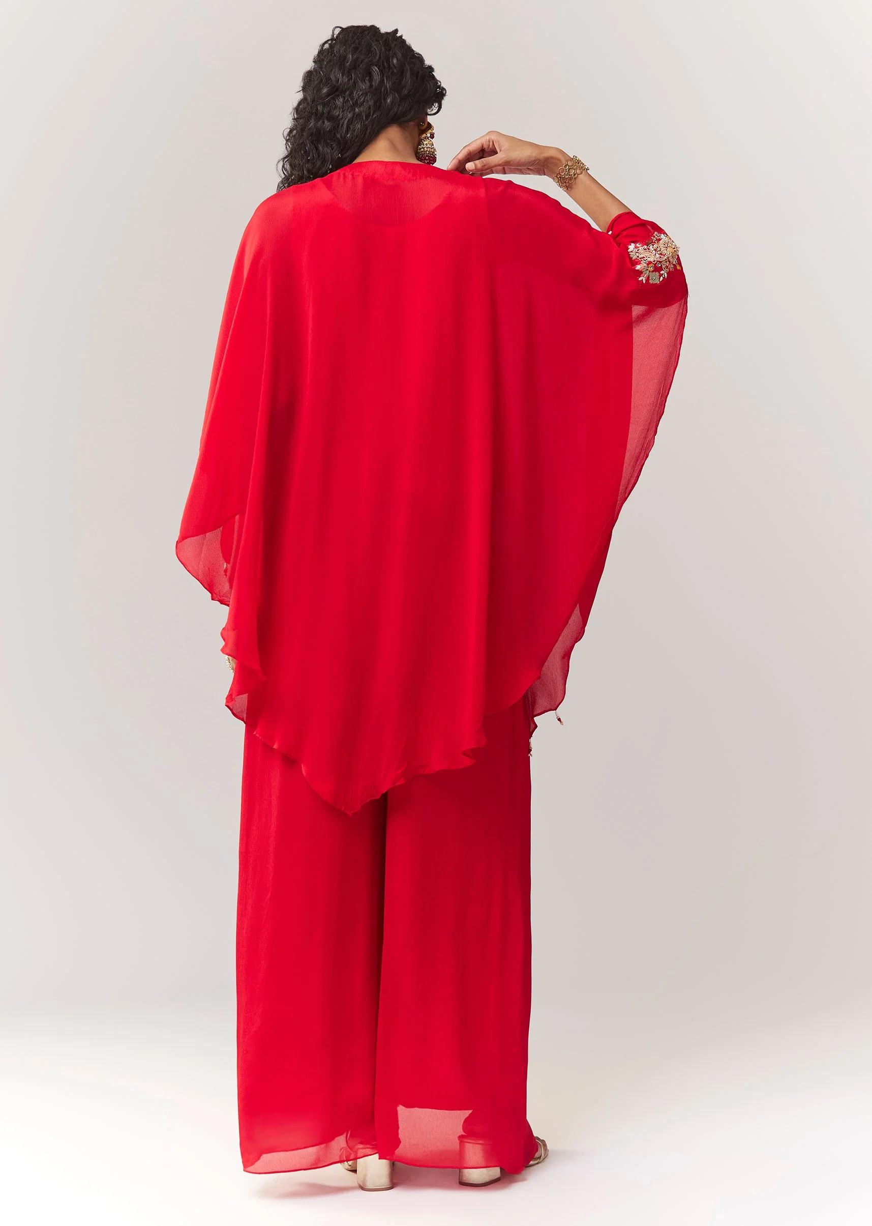 Red Thread And Zardosi Work Cape Set With Palazzo - Image 5