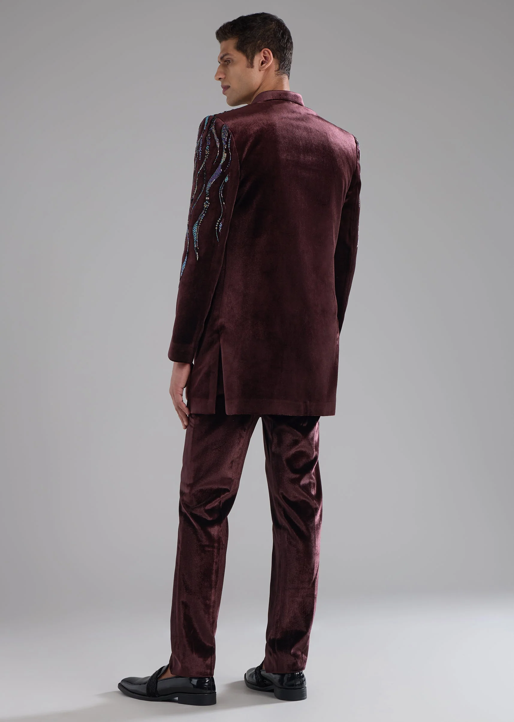 Red Velvet Indowestern Kurta Set with Bead Work - Image 5