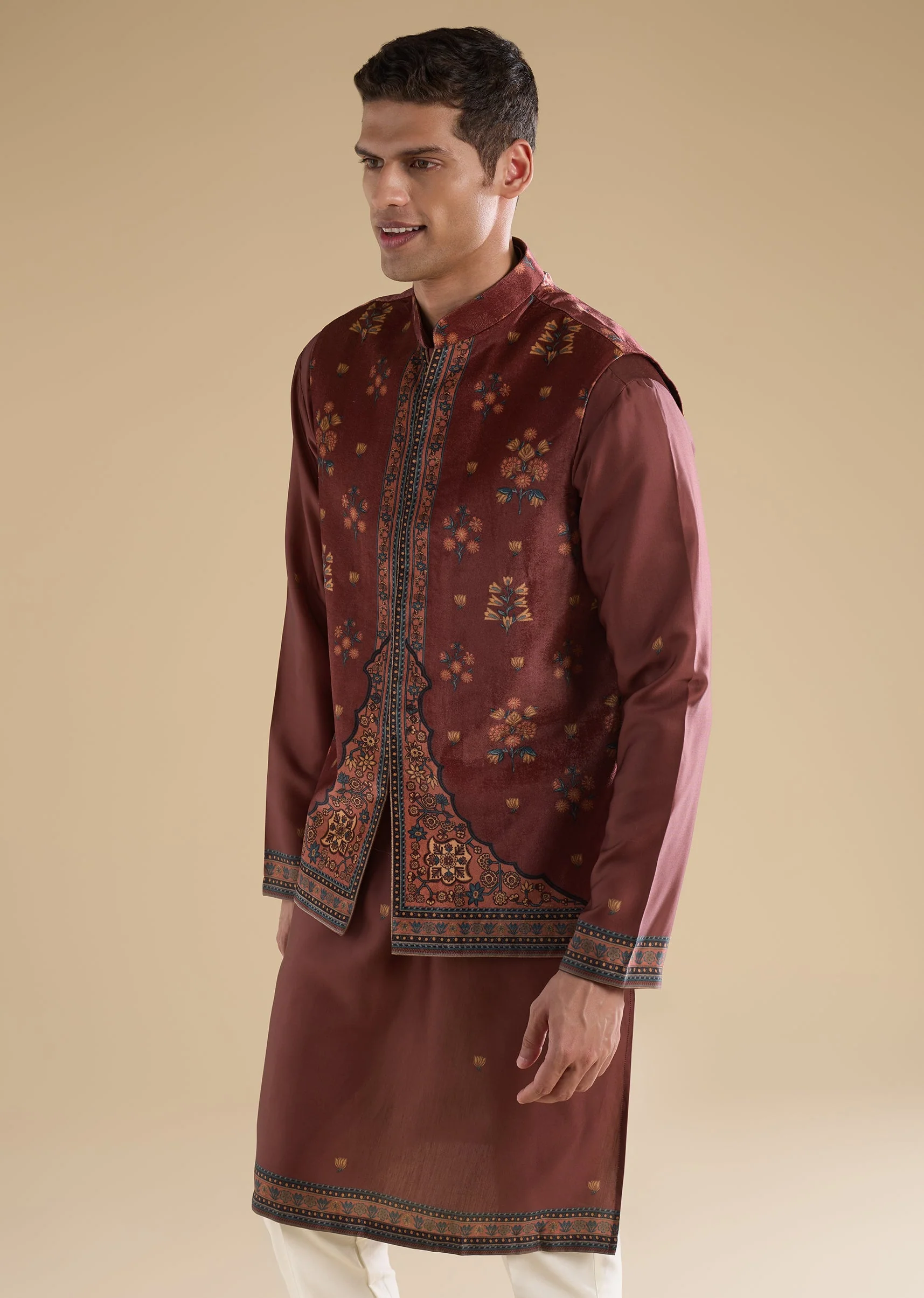 Red Velvet Kurta Jacket Set - Image 4
