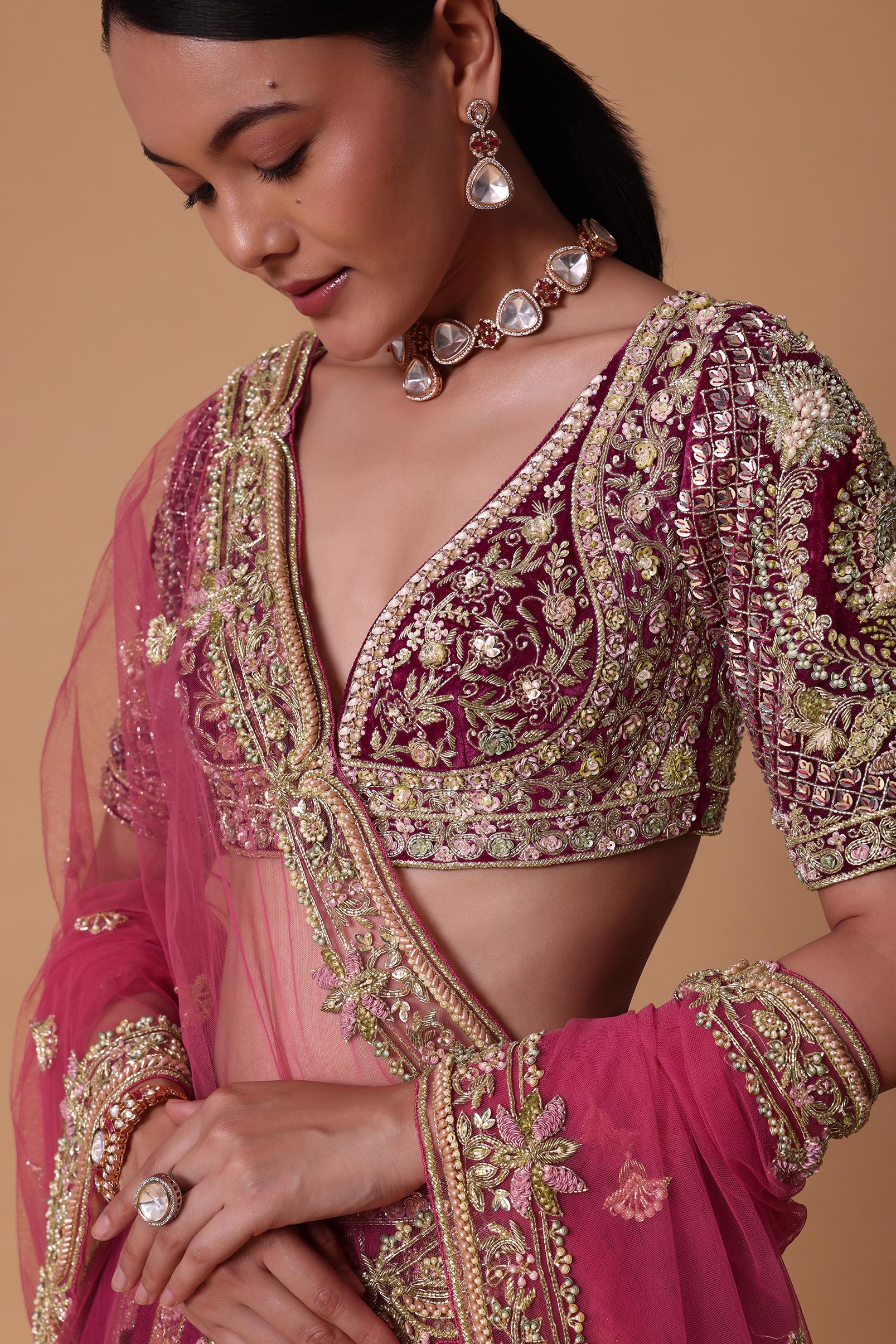 Red Velvet Raw Silk 16 Kali Zardosi Lehenga With Pearl Blouse Set - Image 2
