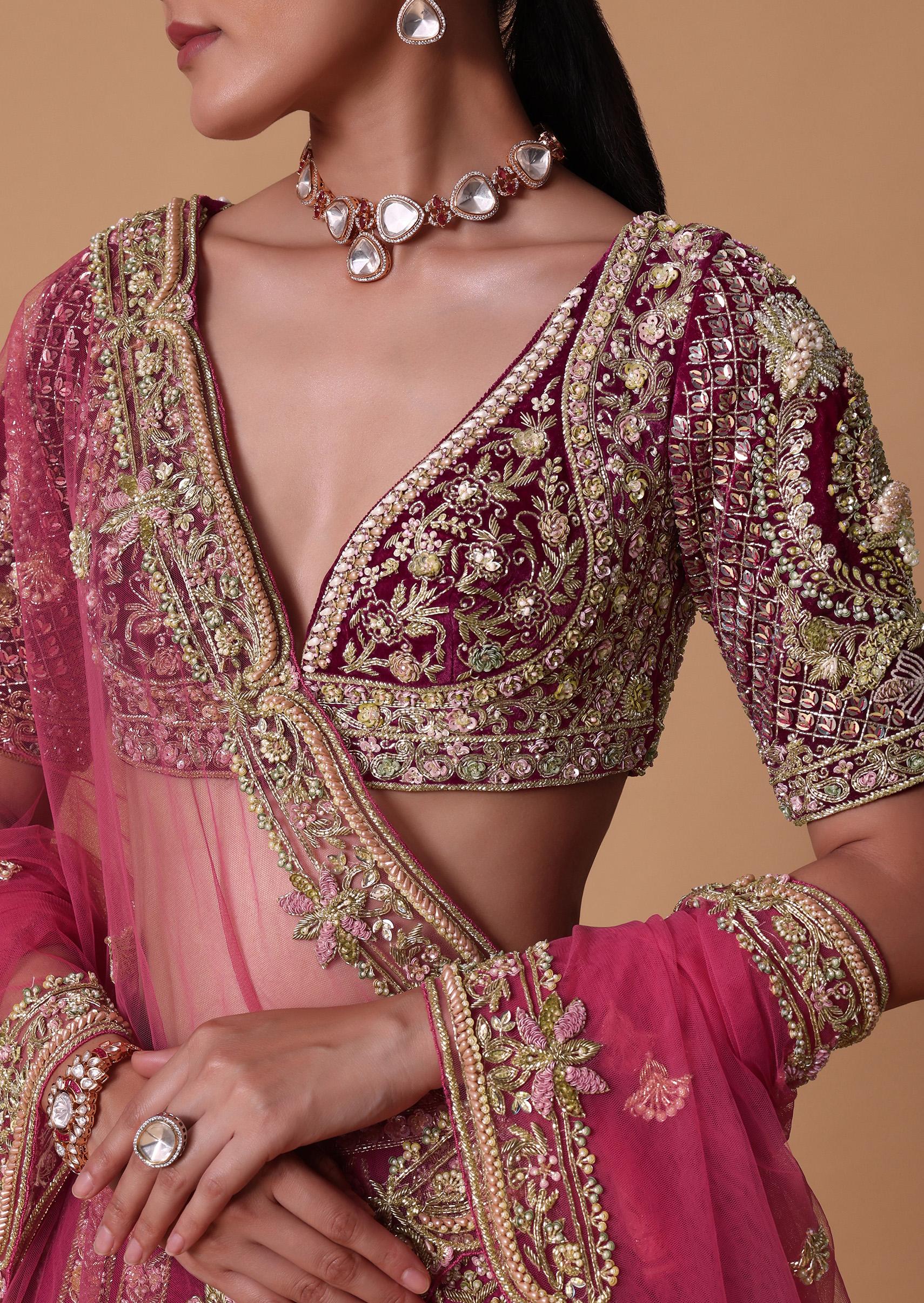 Red Velvet Raw Silk 16 Kali Zardosi Lehenga With Pearl Blouse Set - Image 6