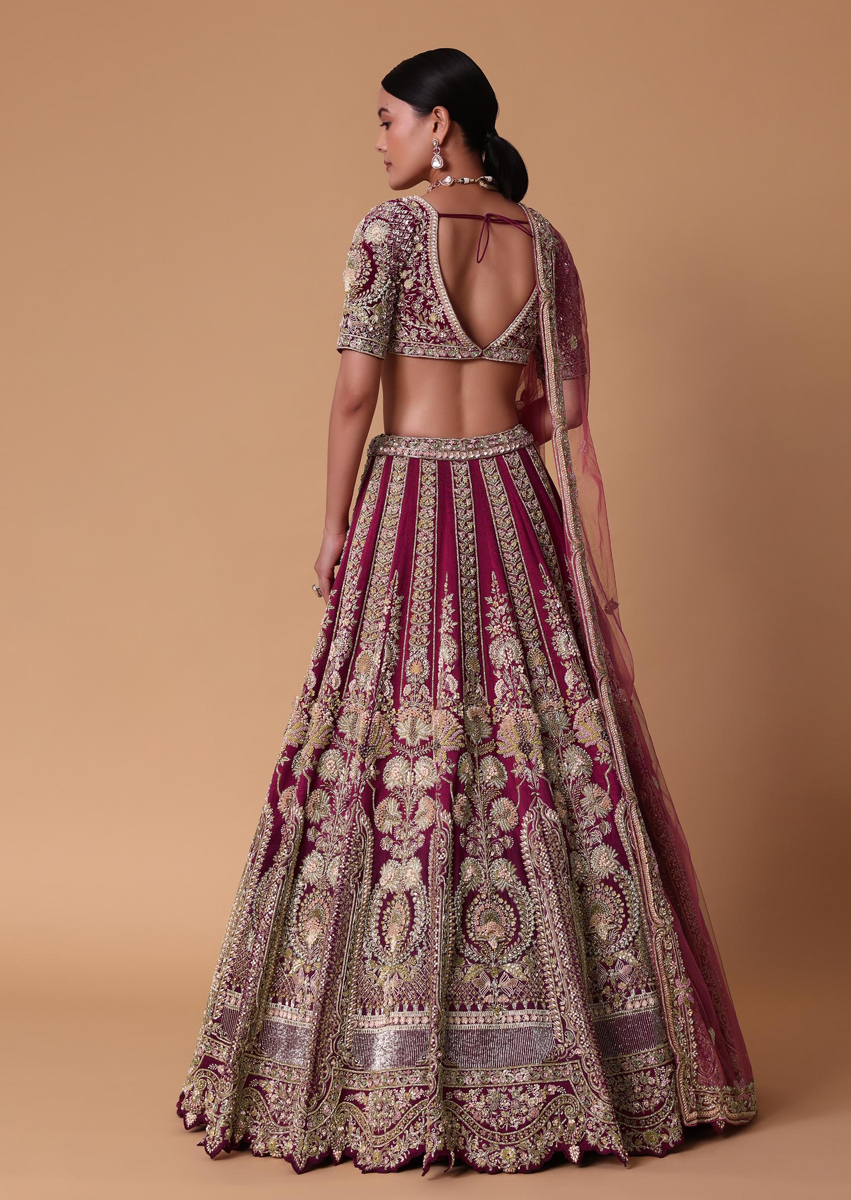 Red Velvet Raw Silk 16 Kali Zardosi Lehenga With Pearl Blouse Set - Image 8
