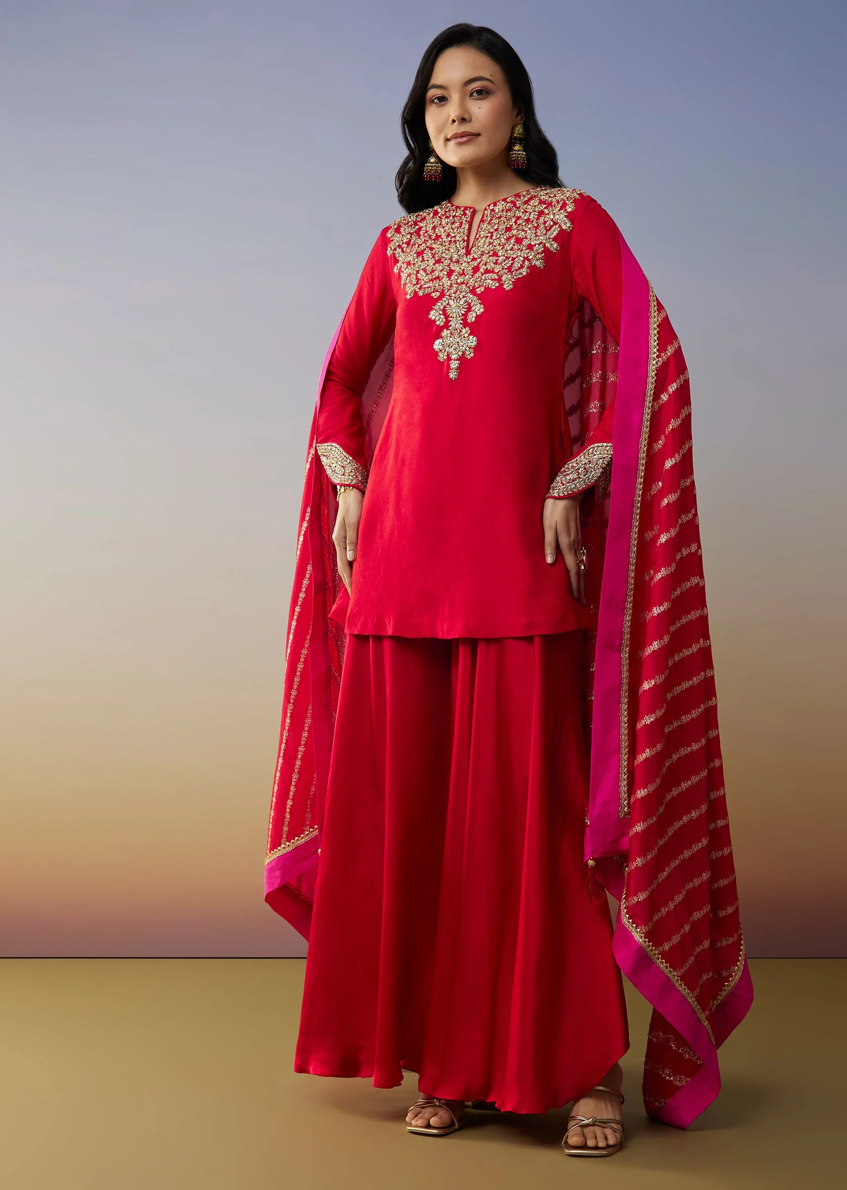 Red Viscose Satin Palazzo Suit with Zardosi Work - Image 3
