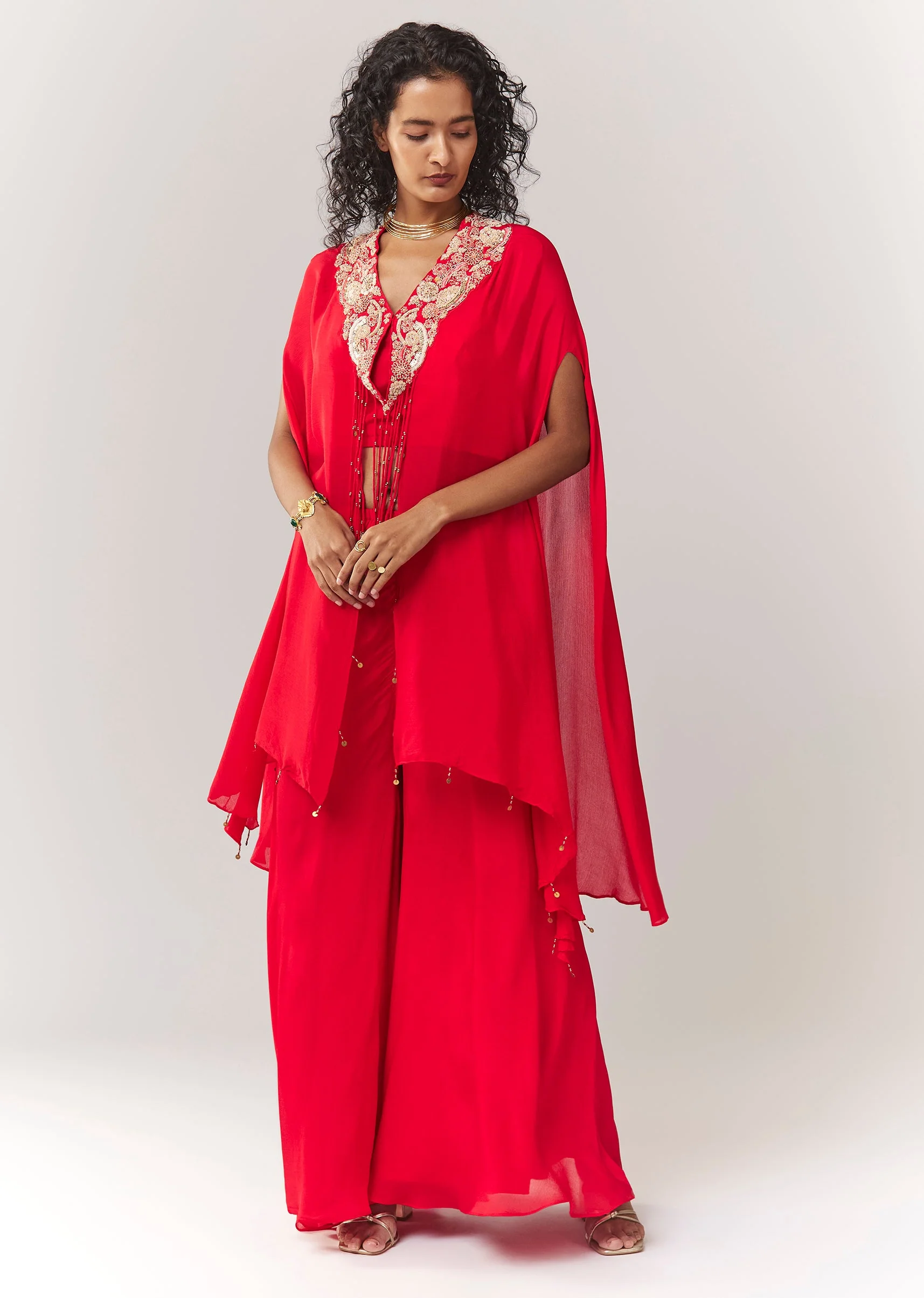 Red Zardosi And Moti Cape Set With Palazzo - Image 3