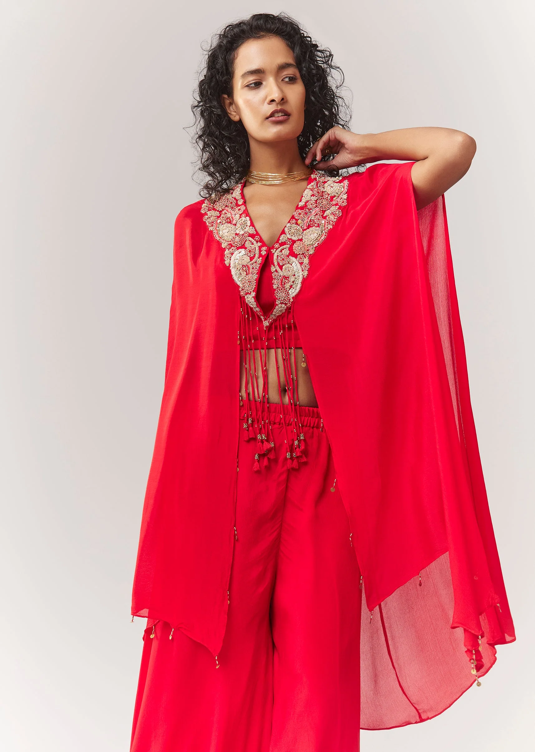 Red Zardosi And Moti Cape Set With Palazzo - Image 4