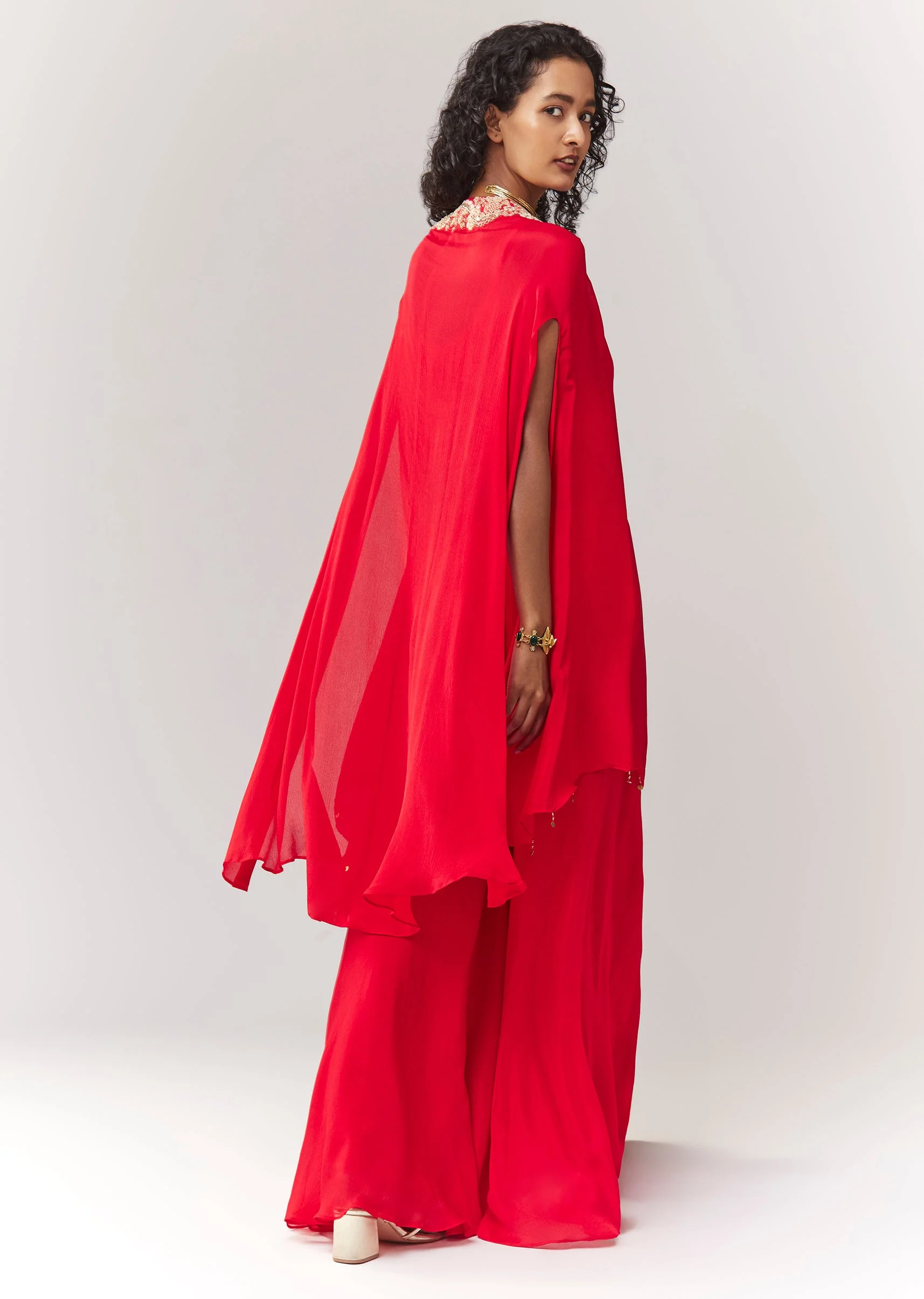 Red Zardosi And Moti Cape Set With Palazzo - Image 5