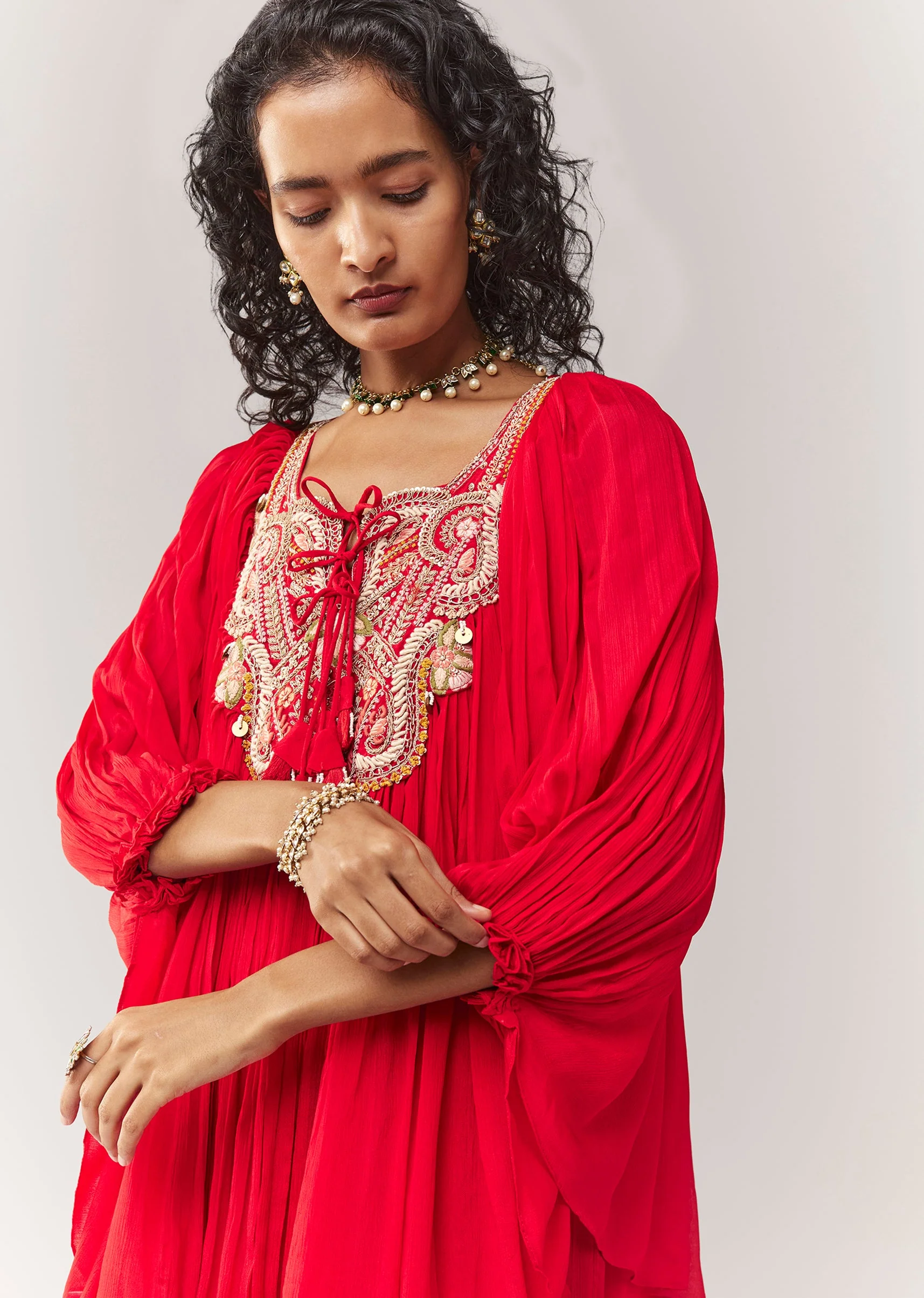 Red Zardosi And Thread Work A line Cape Set With Palazzo - Image 2