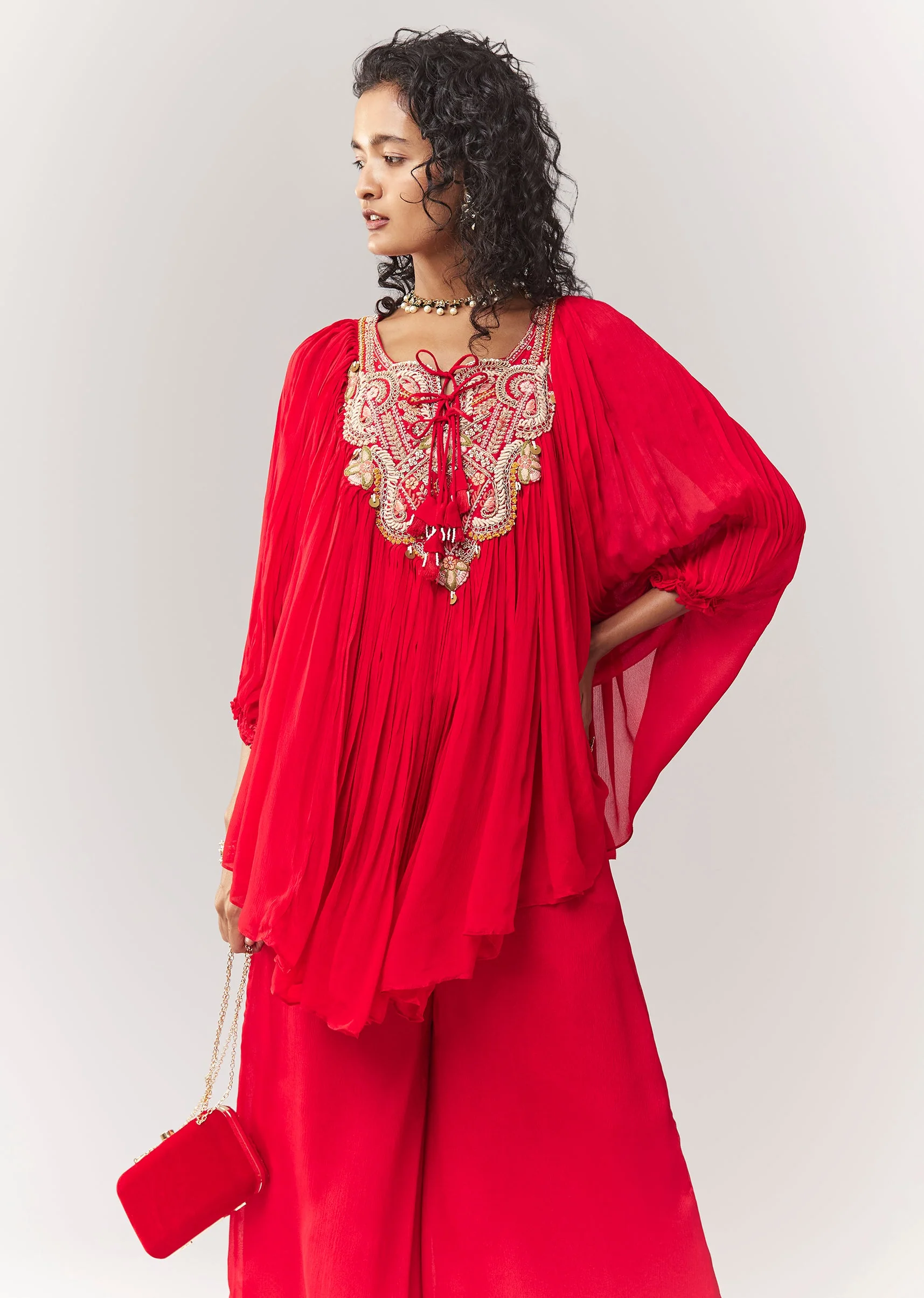 Red Zardosi And Thread Work A line Cape Set With Palazzo - Image 4