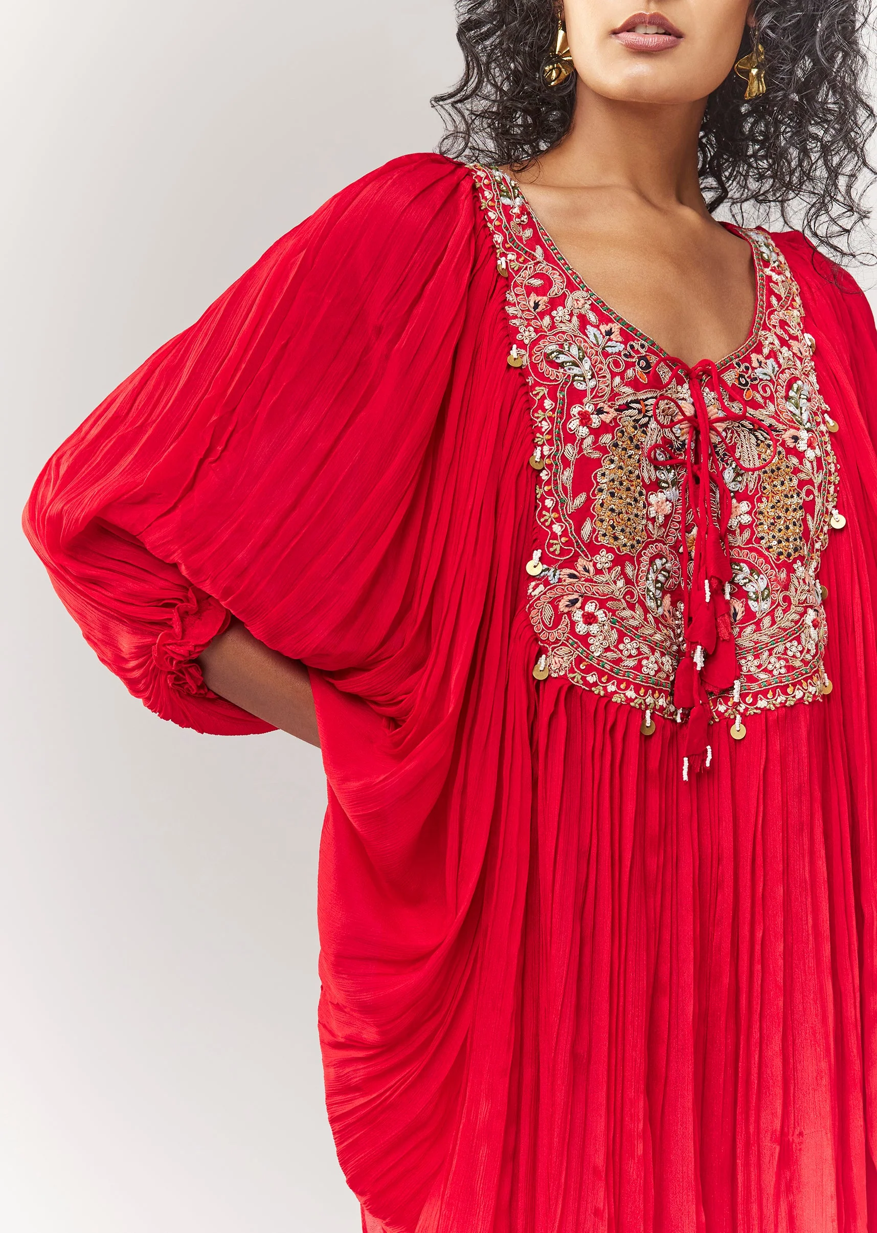 Red Zardosi And Thread Work Cape Set With Palazzo - Image 3