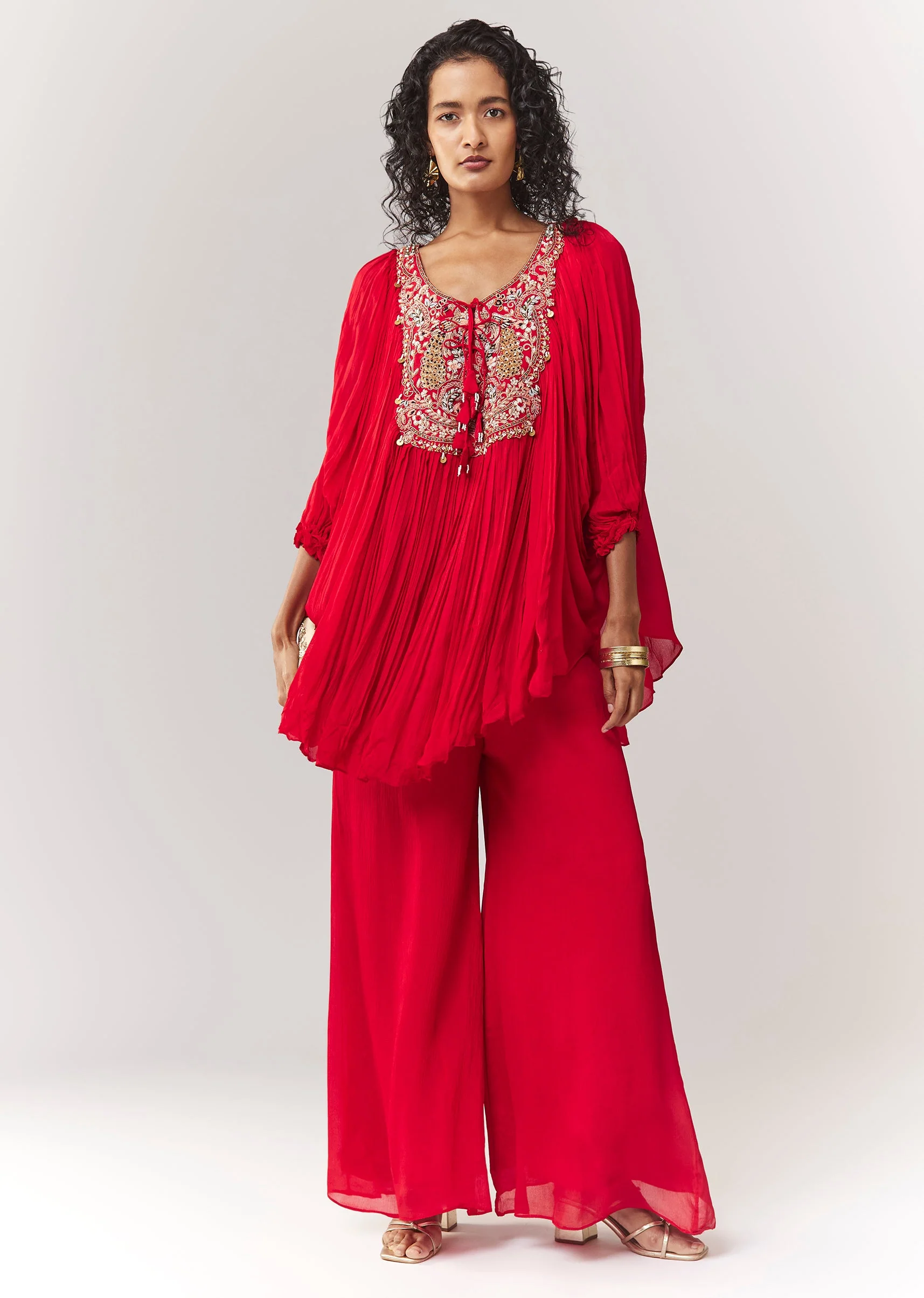 Red Zardosi And Thread Work Cape Set With Palazzo - Image 4