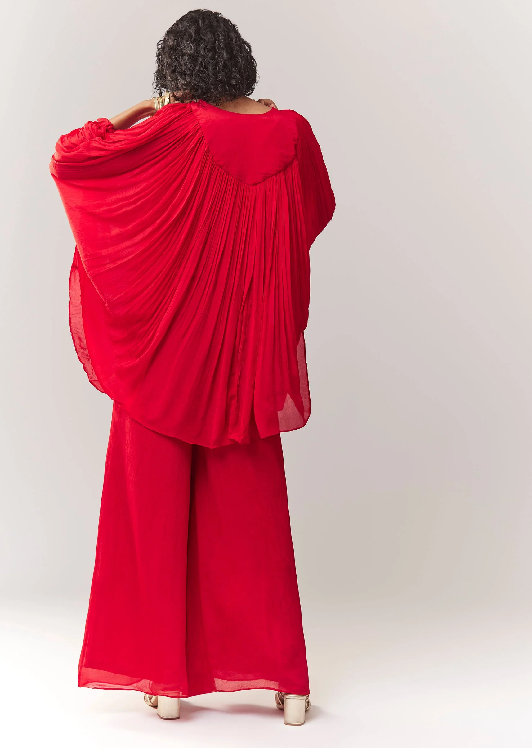 Red Zardosi And Thread Work Cape Set With Palazzo - Image 5