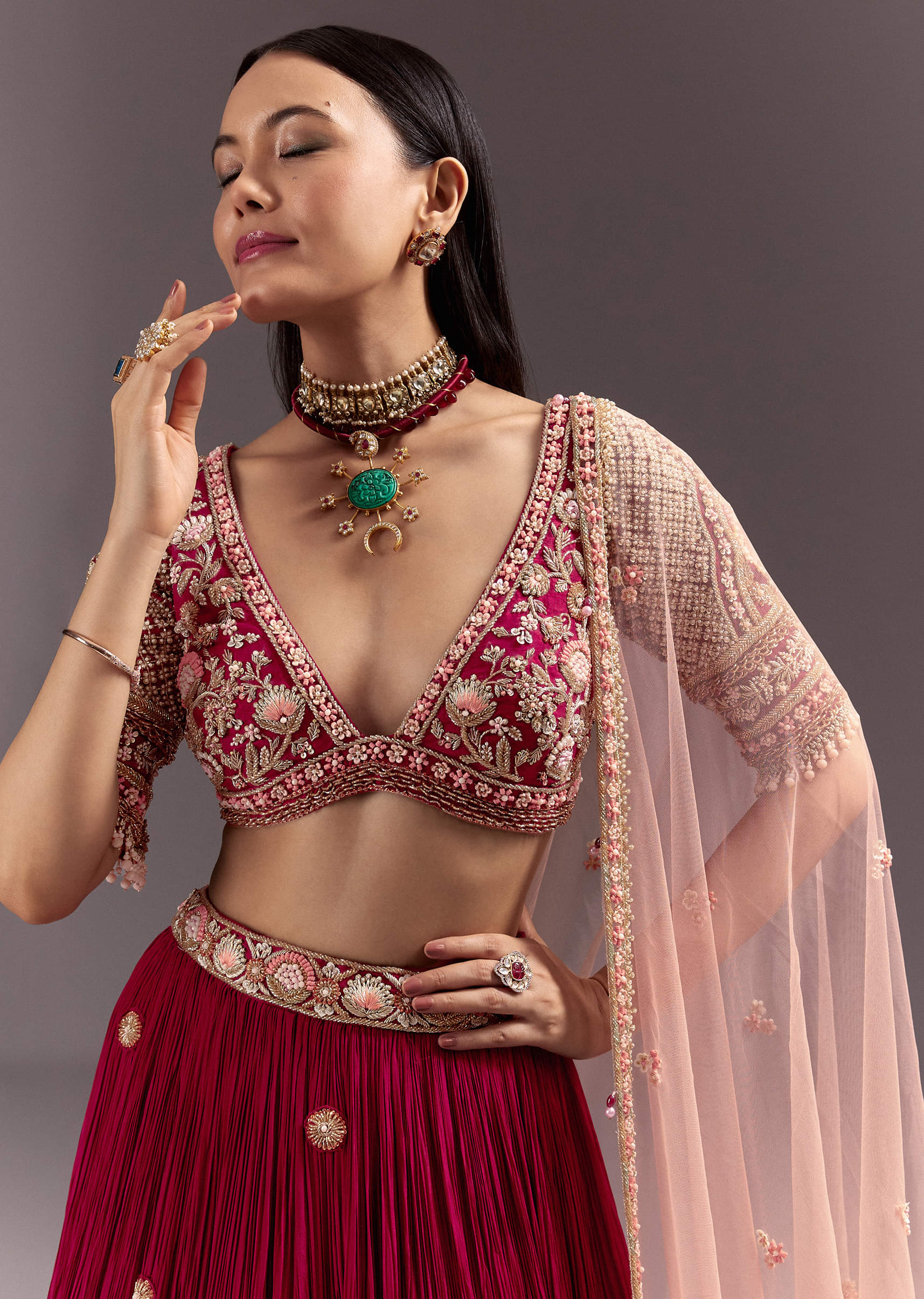 Red Zardosi Embroidered Lehenga Set With Tassel Blouse - Image 3