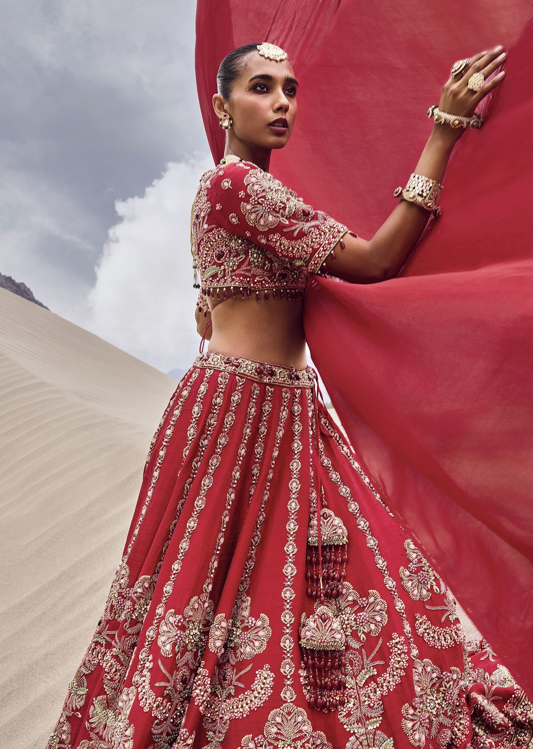 Red Zardosi Embroidered Lehenga Set With Two Dupattas - Image 2