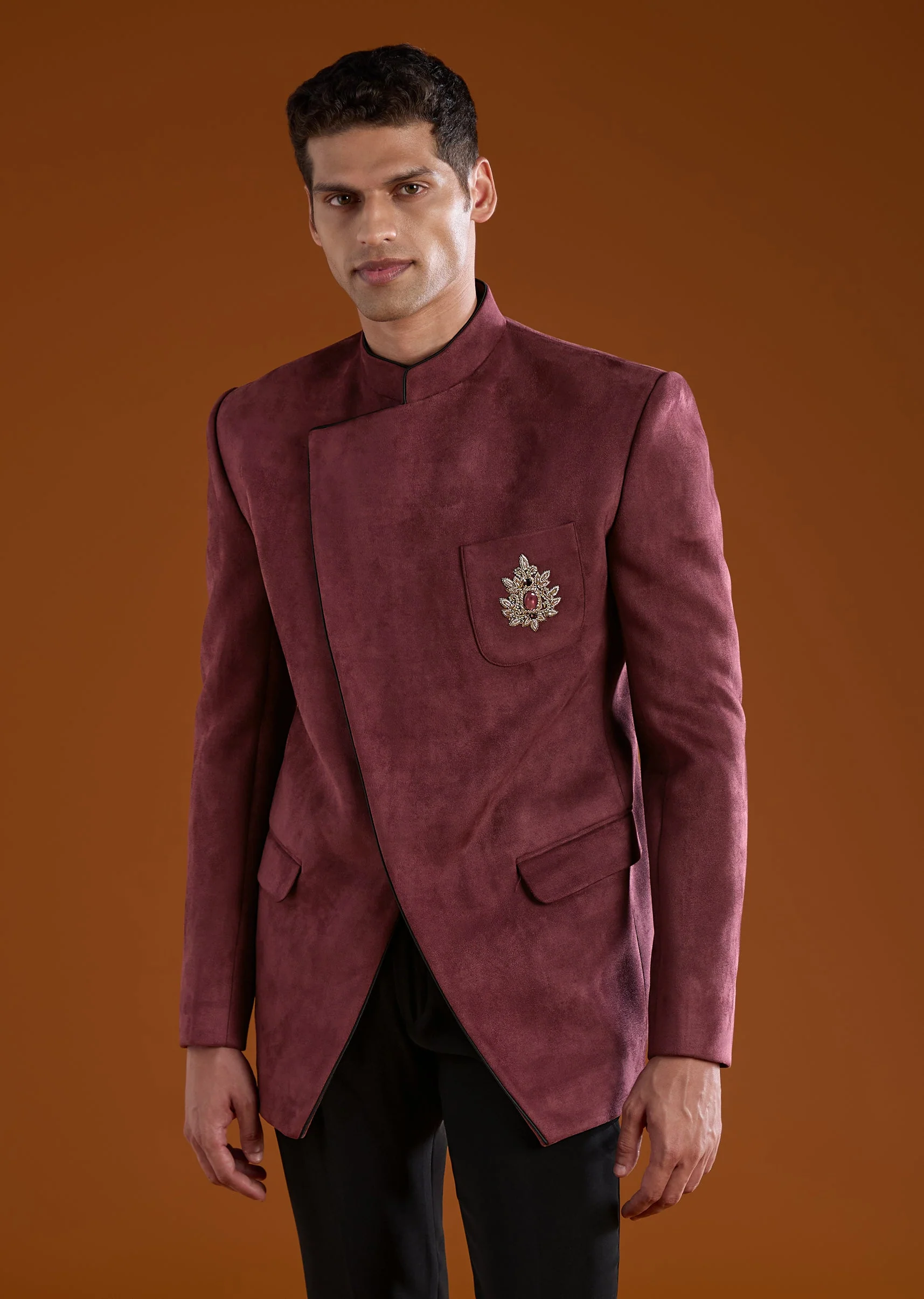 Red Zardozi Work Velvet Jodhpuri and Pant Set - Image 4
