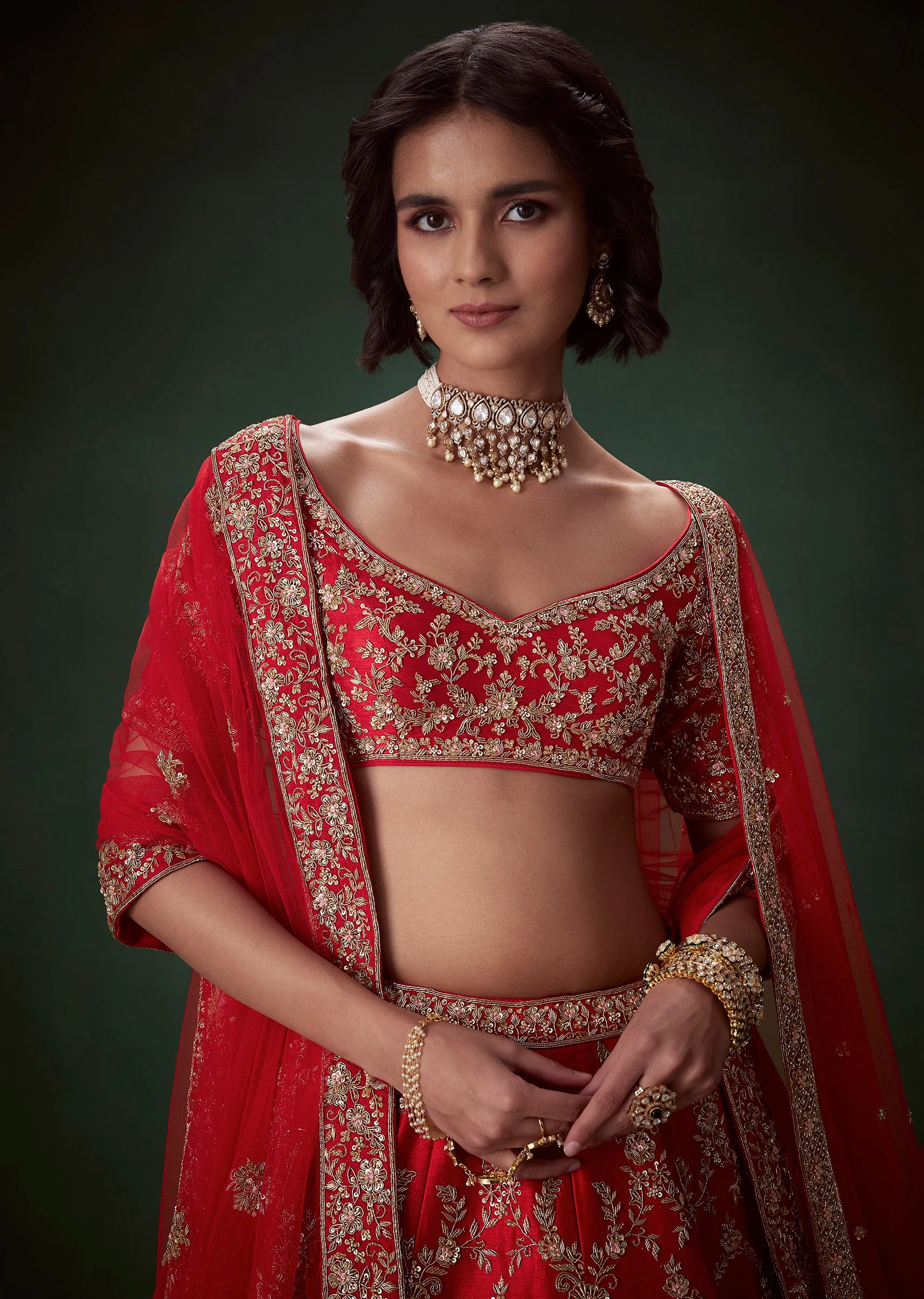 Red Zari Embellished Bridal Lehenga Set with Two Dupattas - Image 3