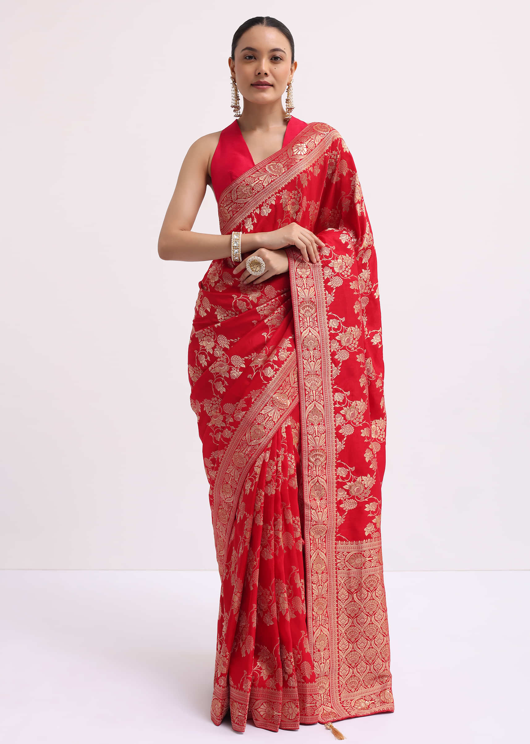 Red Zari Jaal Dola Silk Saree With Unstitched Blouse - Image 3