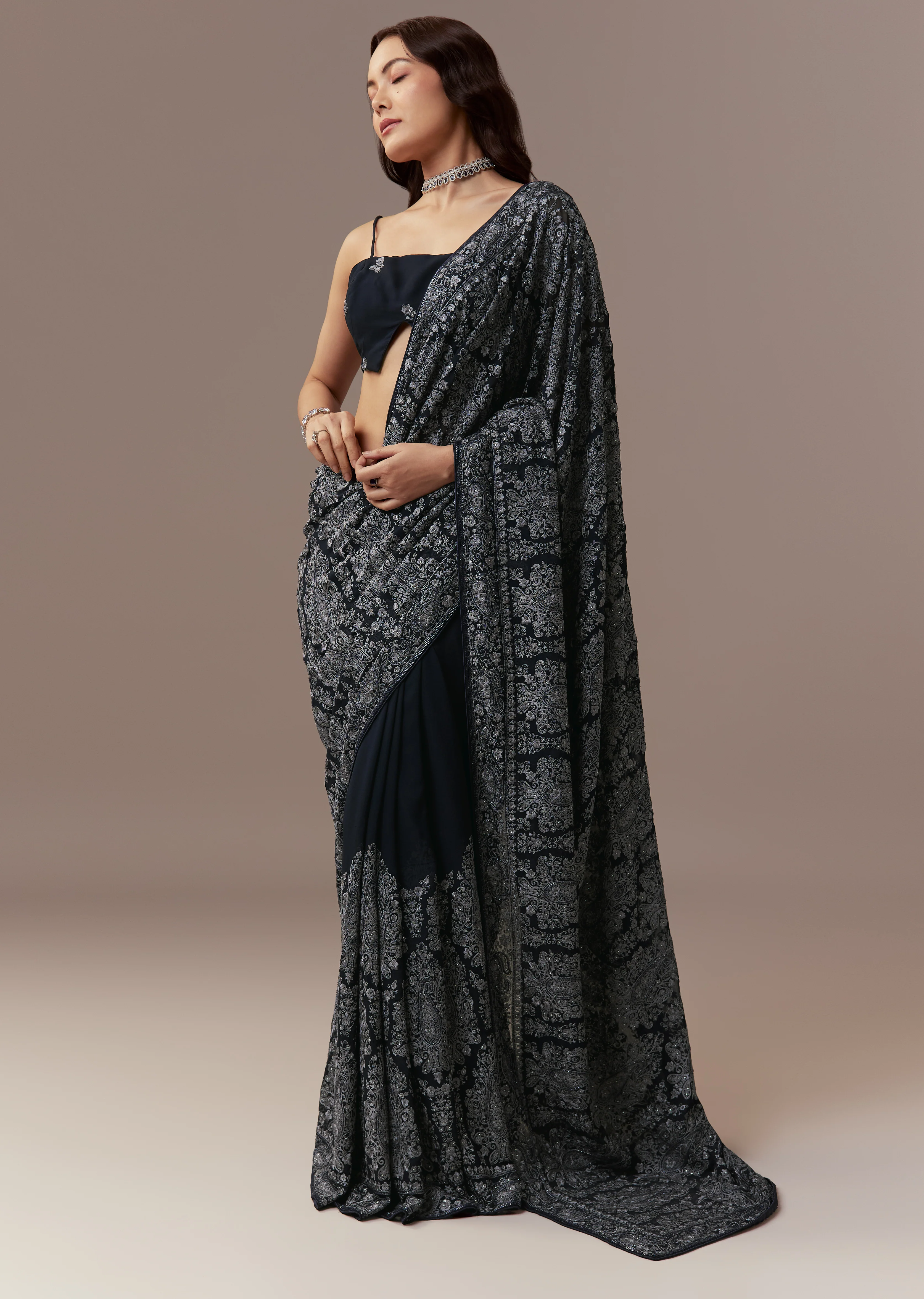 Refined Navy Harmony Couple Set – Navy Blue Georgette Saree with Resham Thread and Cutdana Embroidery for Her And Blue Linen Kurta Set with Resham Embroidery for Him - Image 3