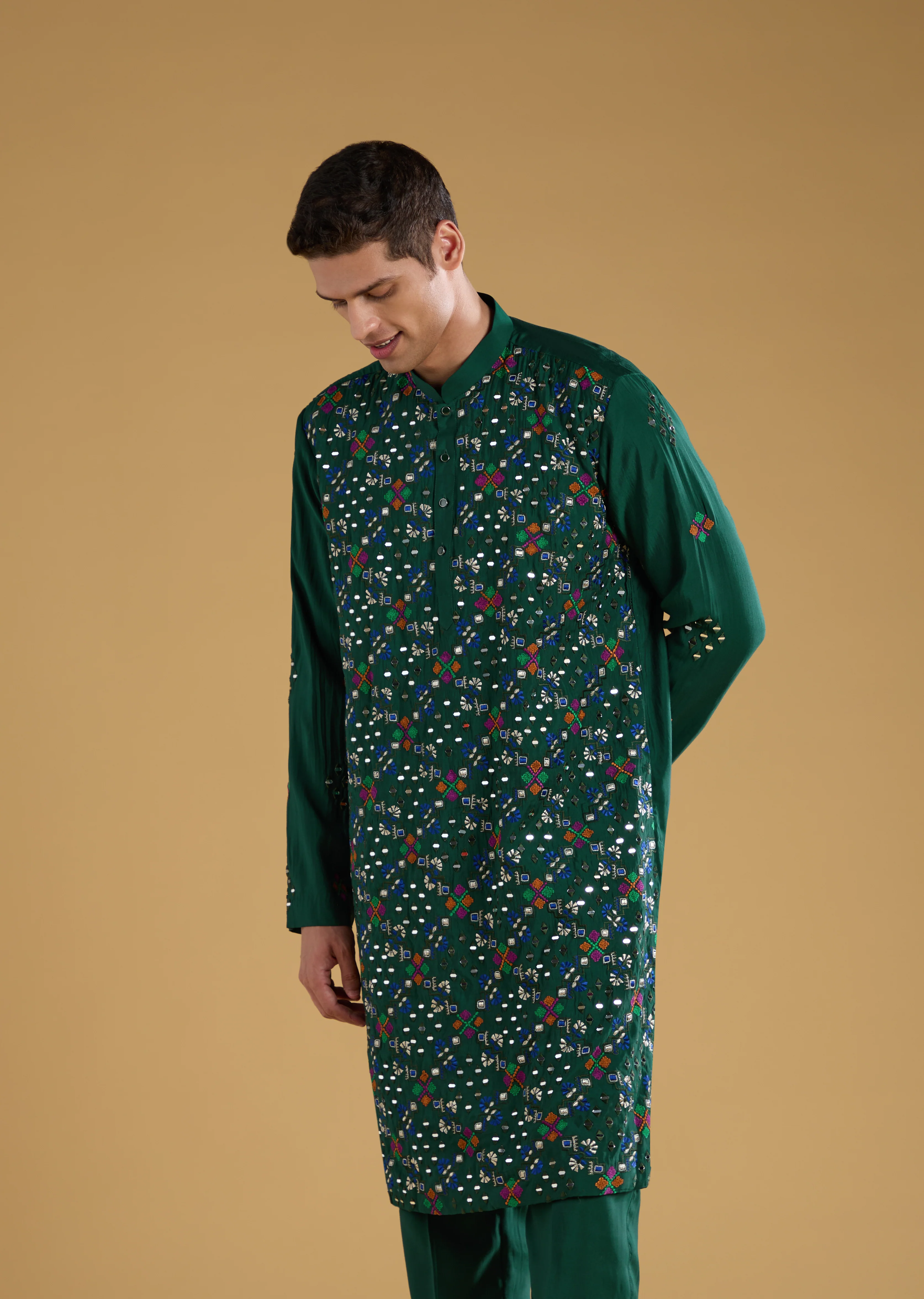 Regal Wedding Couple Set – Green Angarkha Anarkali for Her And Green Silk Thread Work Kurta Set with Dupatta for Him - Image 9