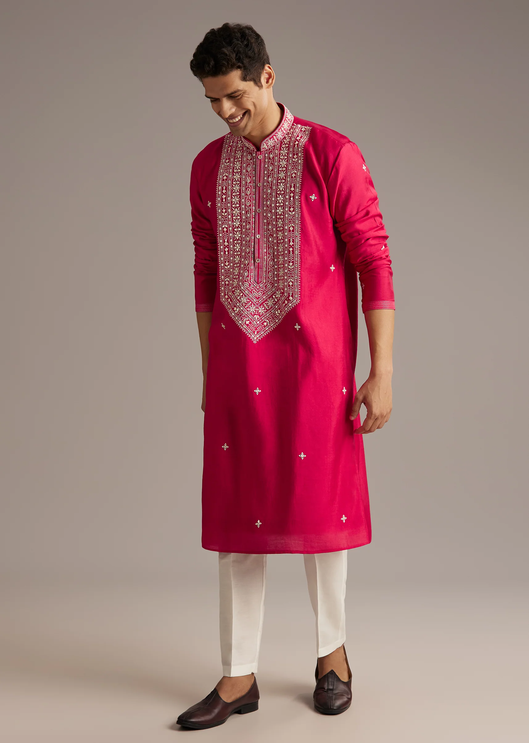 Romantic Bloom Couple Set – Pink Chevron Anarkali With Mirror Work For Her And Pink Silk Mirror Work Kurta Set For Him - Image 6