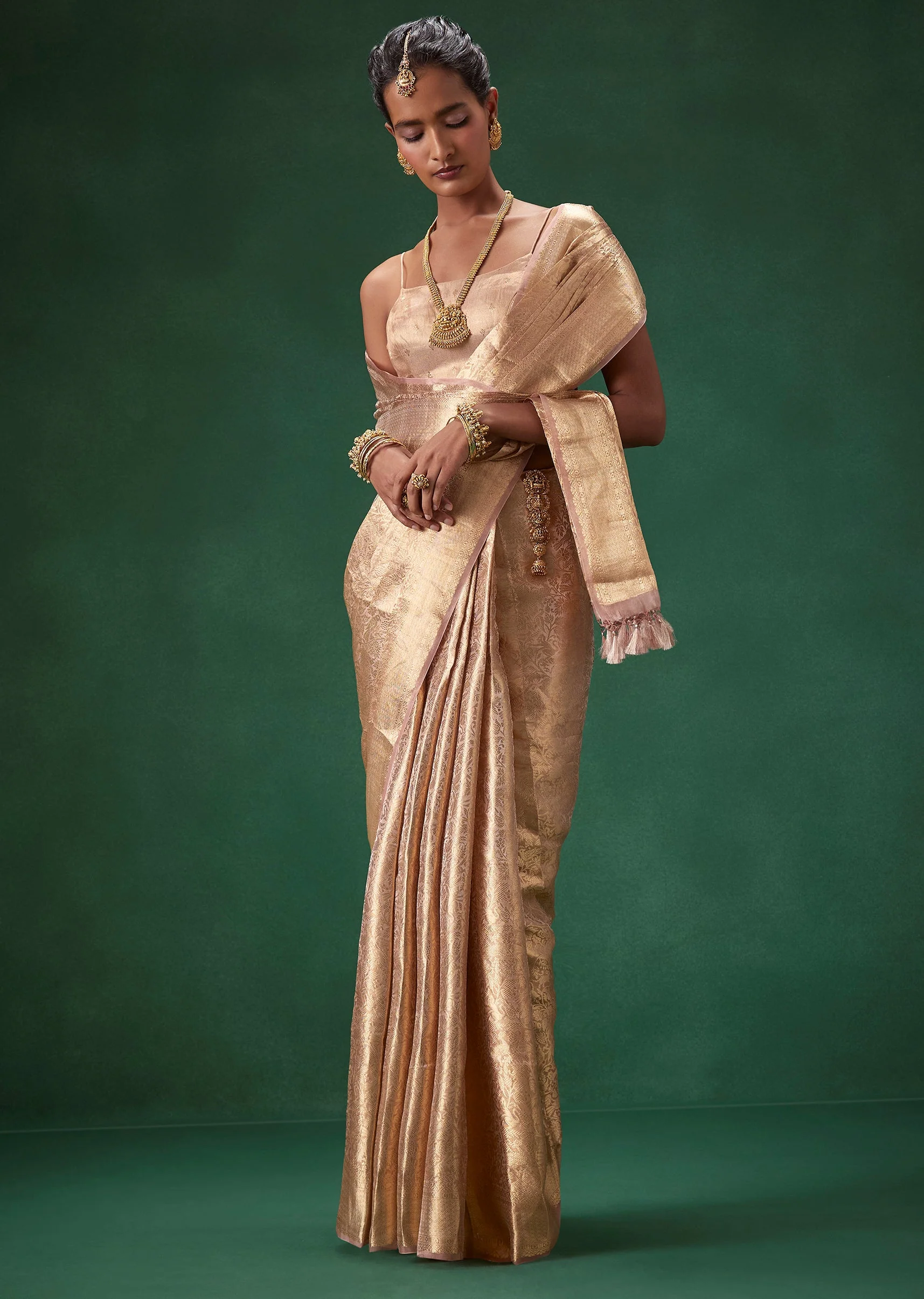 Rose Gold Banarasi Silk Weave Saree with Unstitched Blouse - Image 4