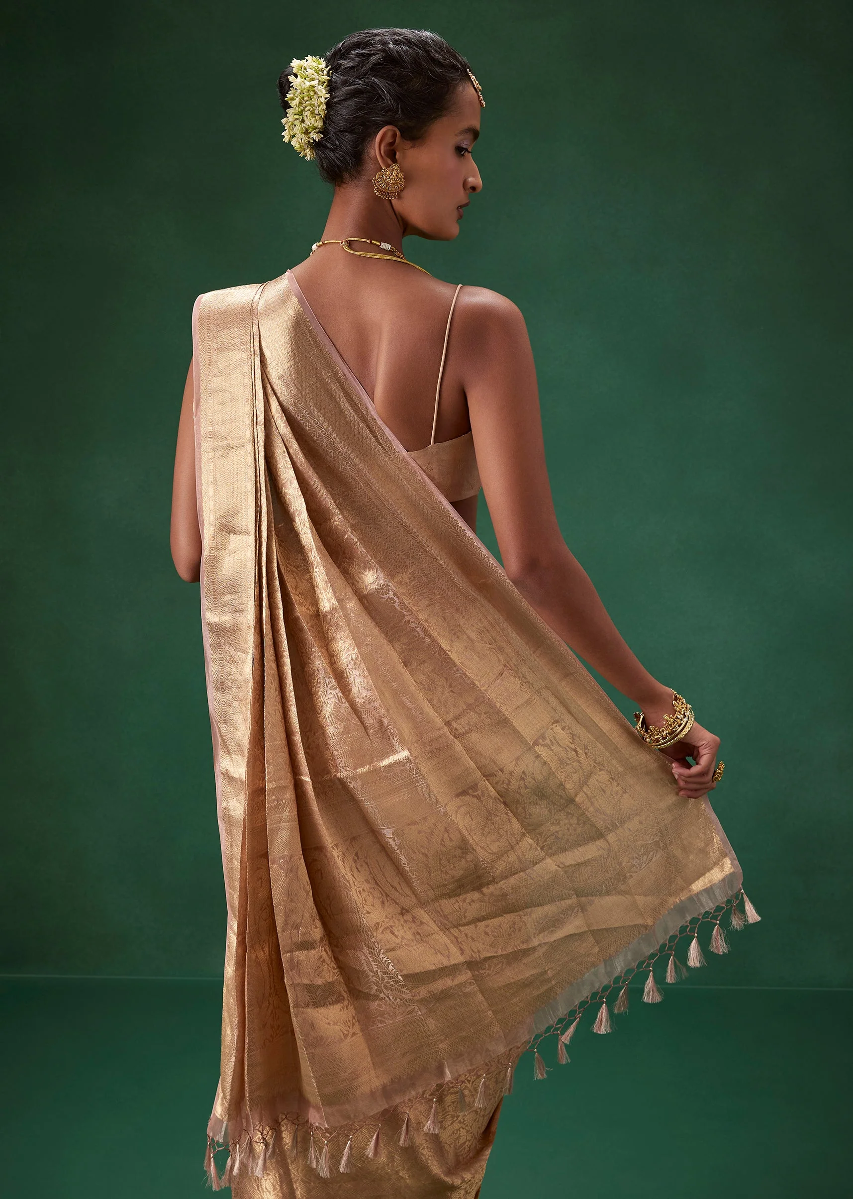 Rose Gold Banarasi Silk Weave Saree with Unstitched Blouse - Image 5