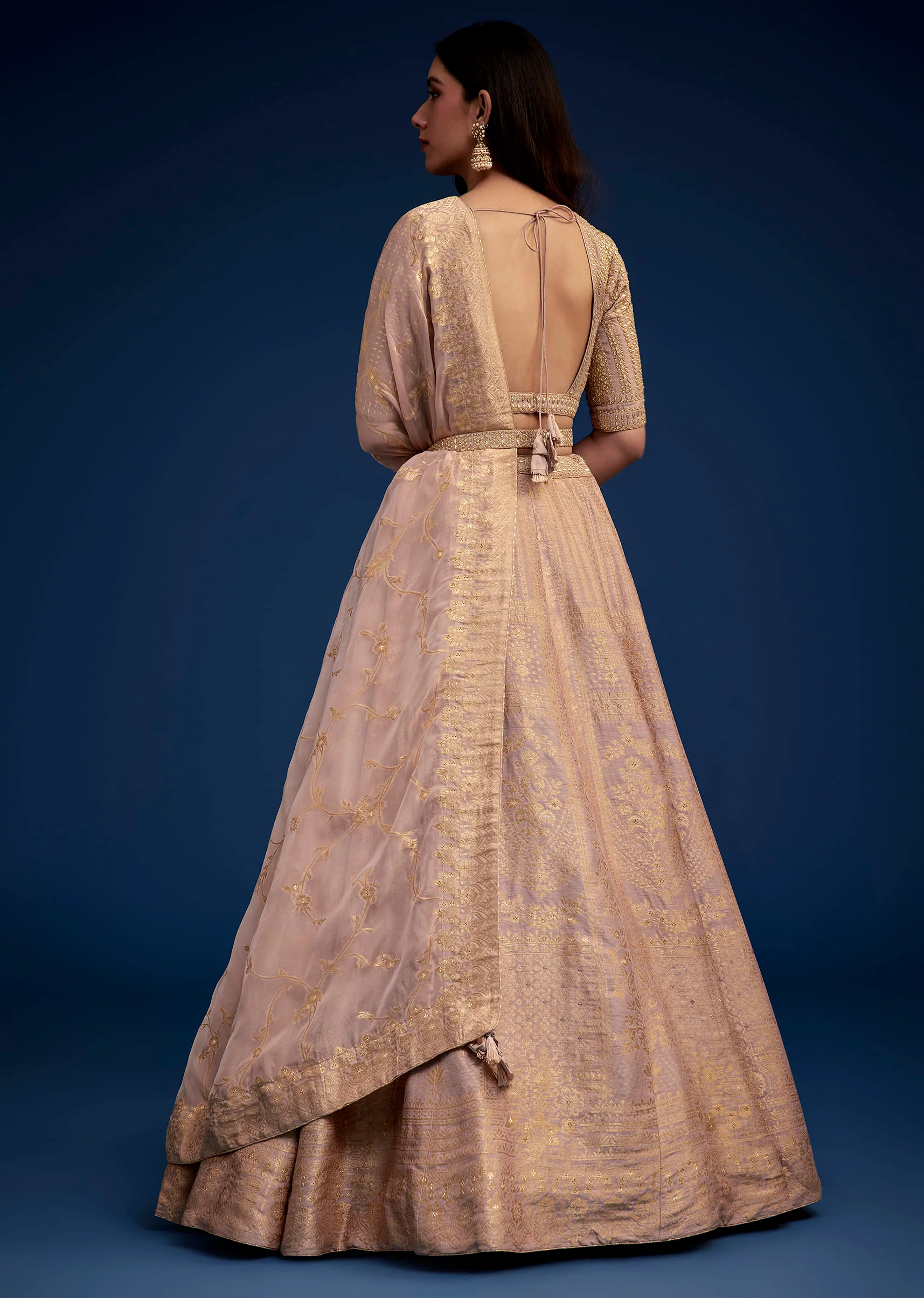 Rose Gold Brocade Lehenga Set With Belt - Image 5