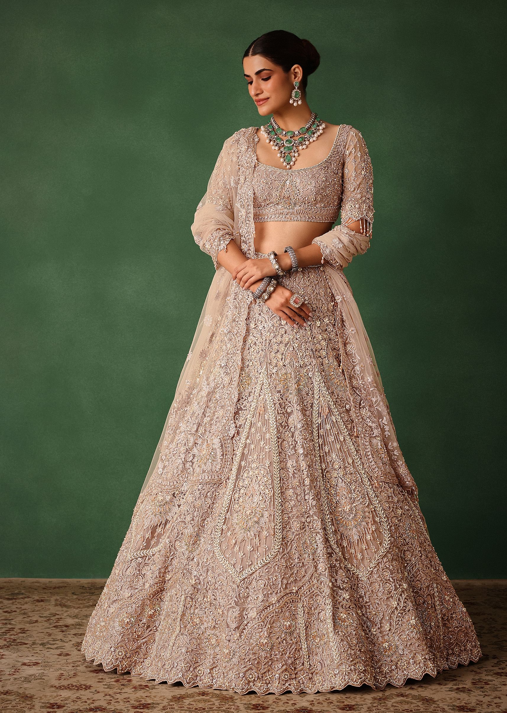 Rose Gold Hand Embroidered Lehenga Set With Dupatta - Image 3