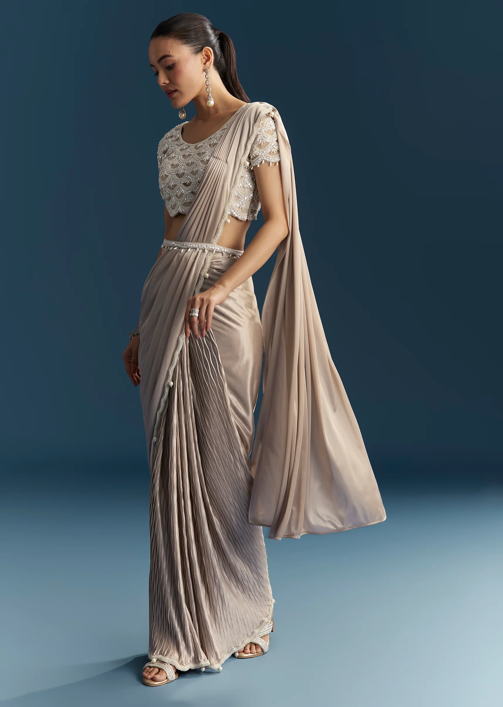 Rose Gold Ready Pleated Saree With Moti Work
