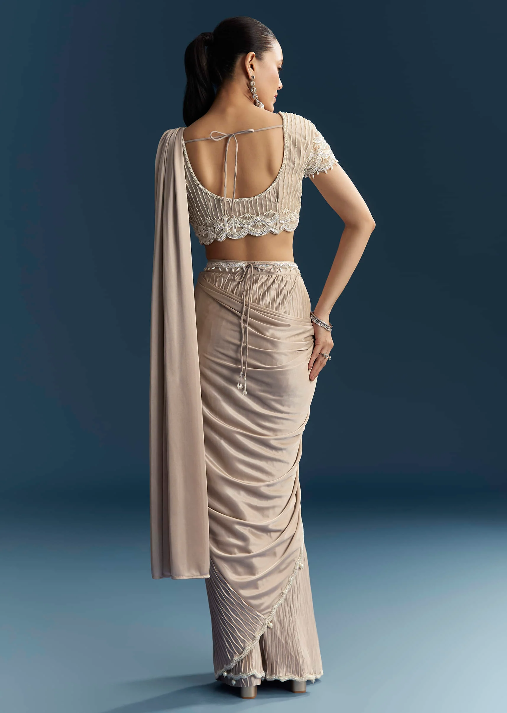Rose Gold Ready Pleated Saree With Moti Work - Image 5