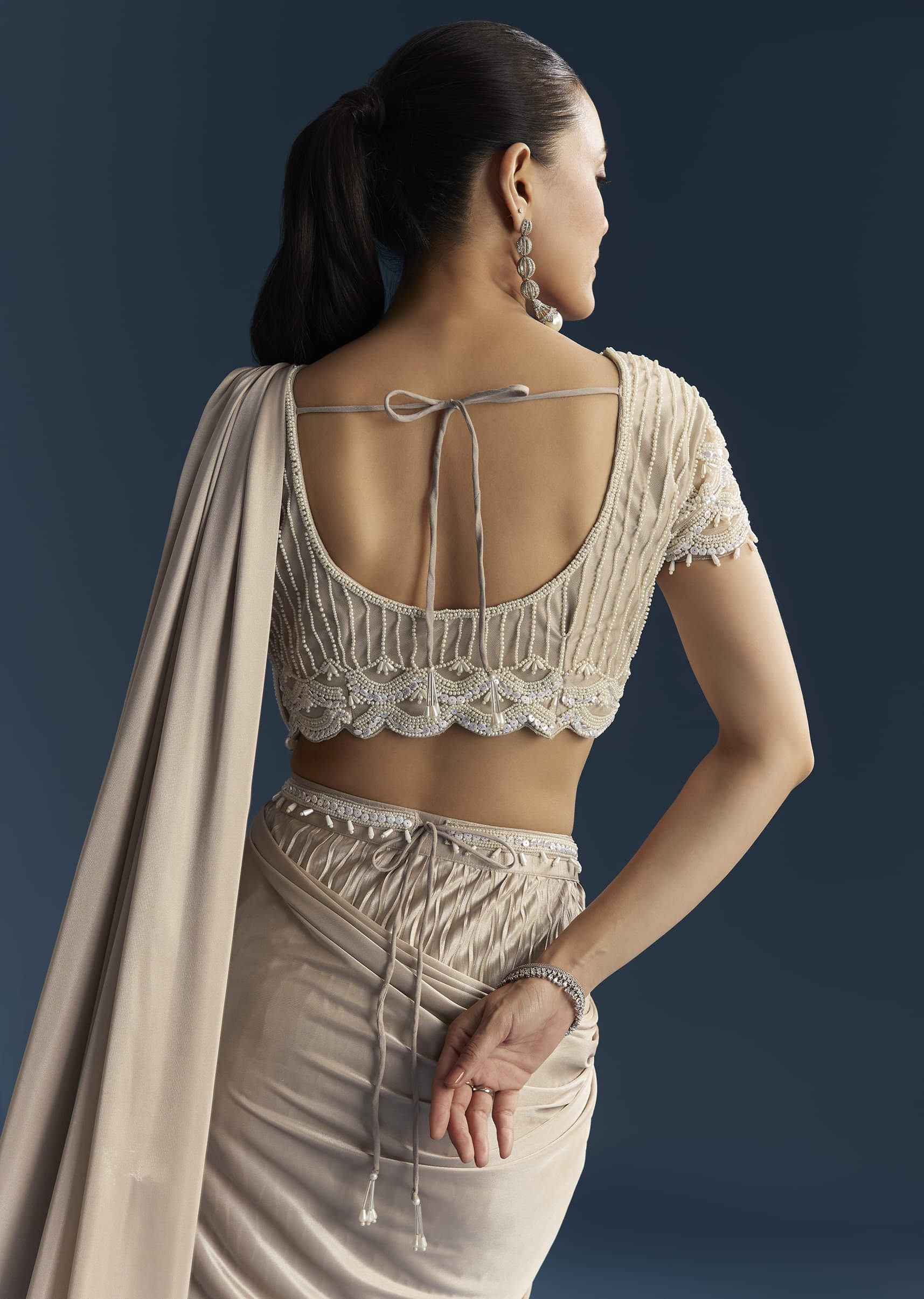 Rose Gold Ready Pleated Saree With Moti Work - Image 6