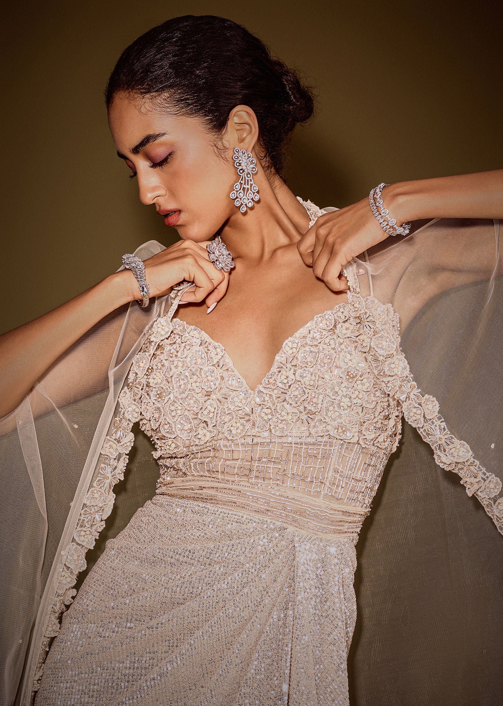 Rose Gold Shimmer Corset Gown With And Embellished Cape - Image 3