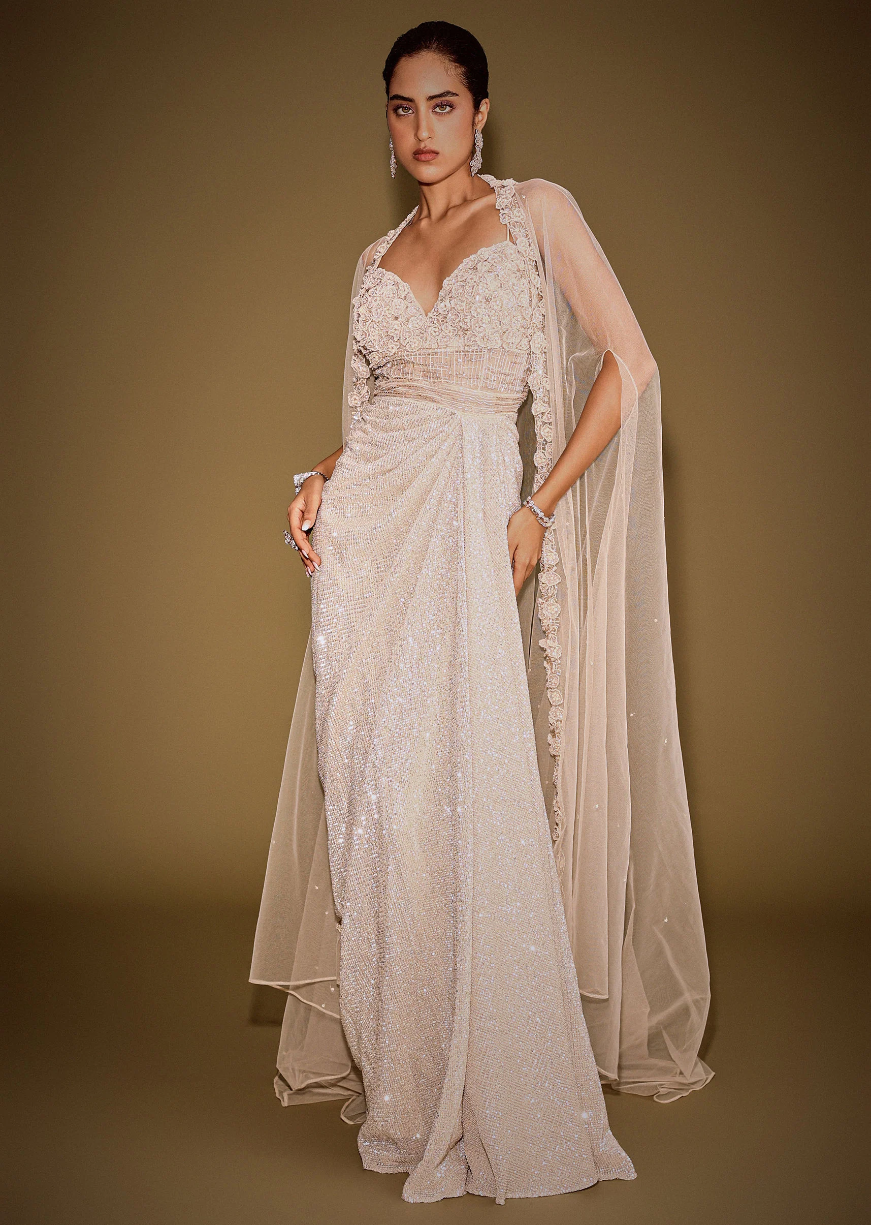 Rose Gold Shimmer Corset Gown With And Embellished Cape - Image 4