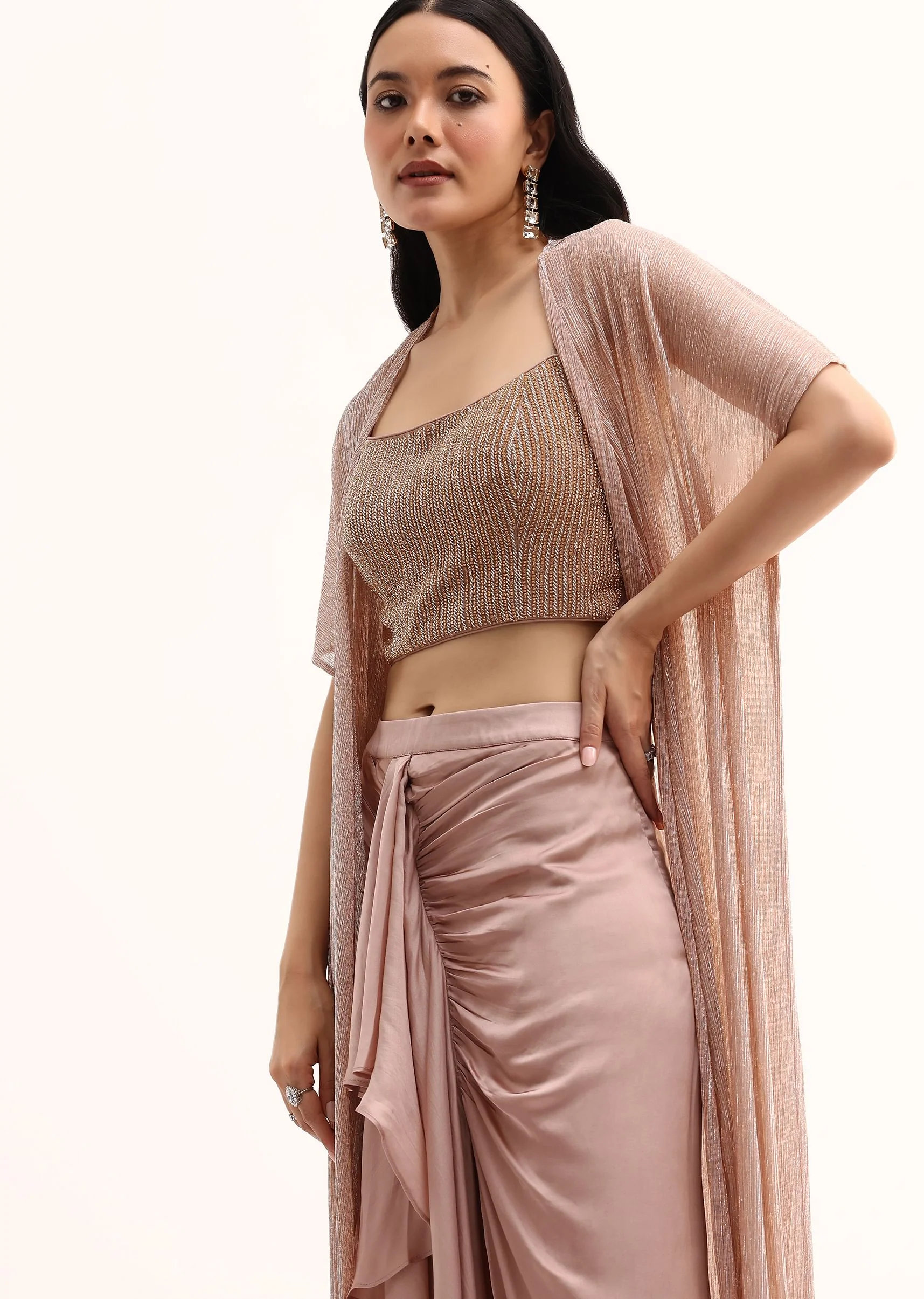 Rose Gold Stone Embroidered Silk Crop Top Set With Jacket - Image 4